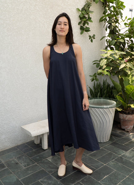 KAAREM - Thanh Ca Sleeveless Midi Racerback Tent Dress in Dark Blue