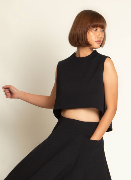 KAAREM - Wind Chime Raised Collar Cropped Top in Black Blue