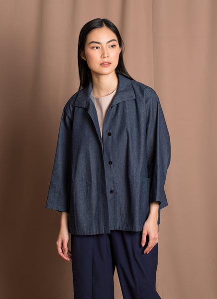 Opaque Button-Up Pocket Denim Shirt Jacket - Dark Blue