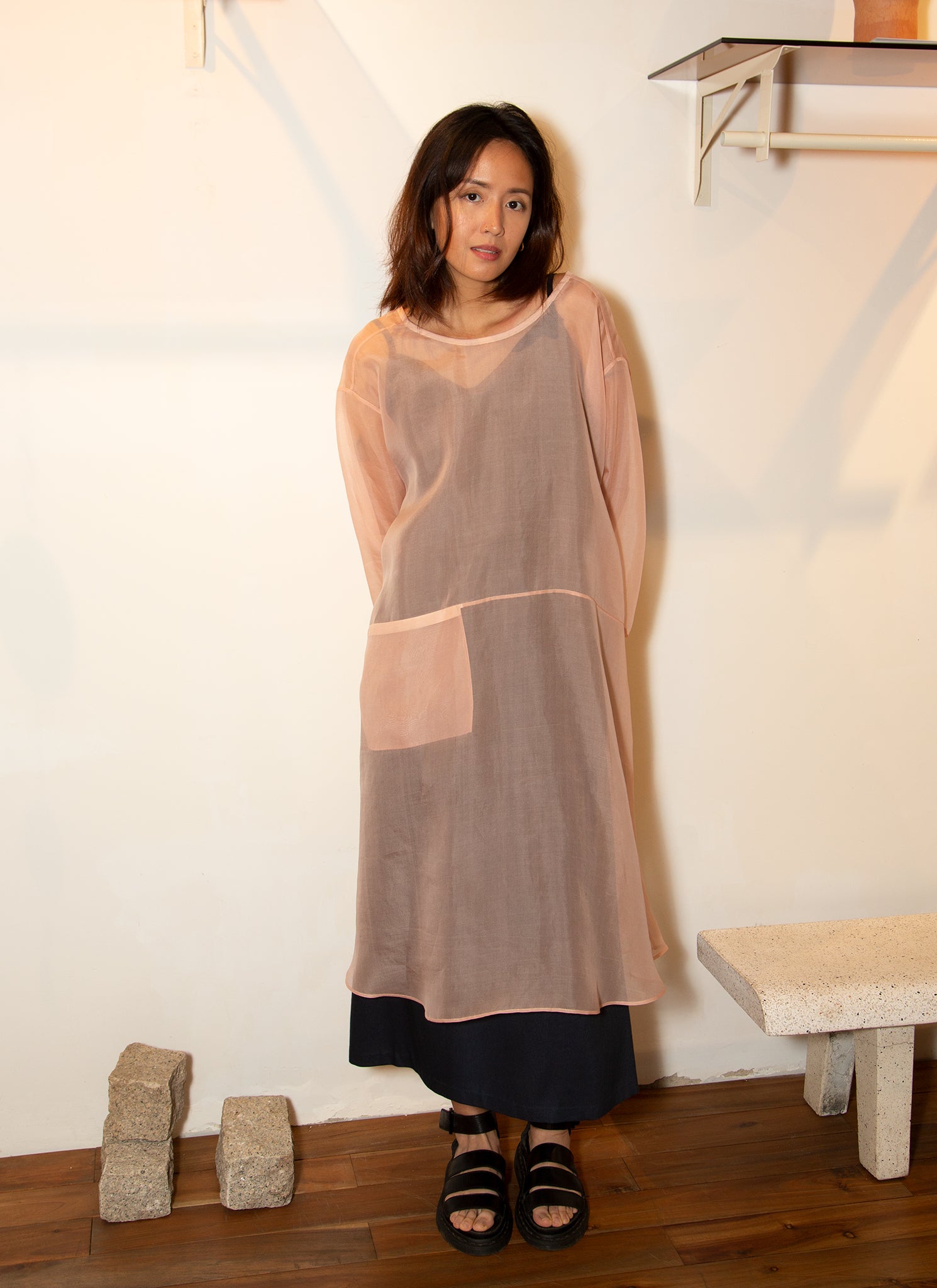 KAAREM - Giang Bi Dropped Sleeve Back V Organza Silk Pocket Dress
