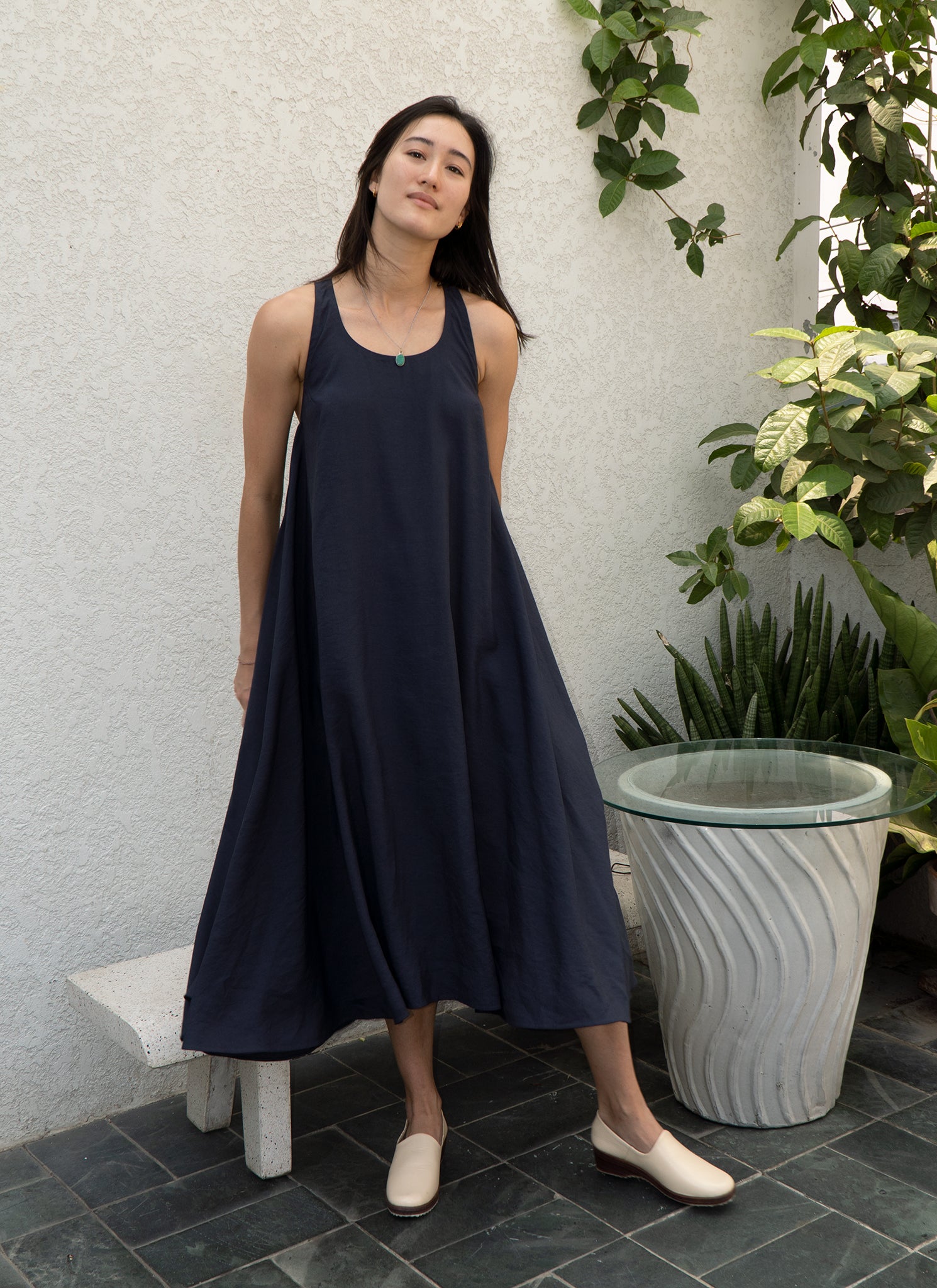 midi tent dress Thanh Ca Sleeveless Midi Racerback Tent Dress in Dark Blue