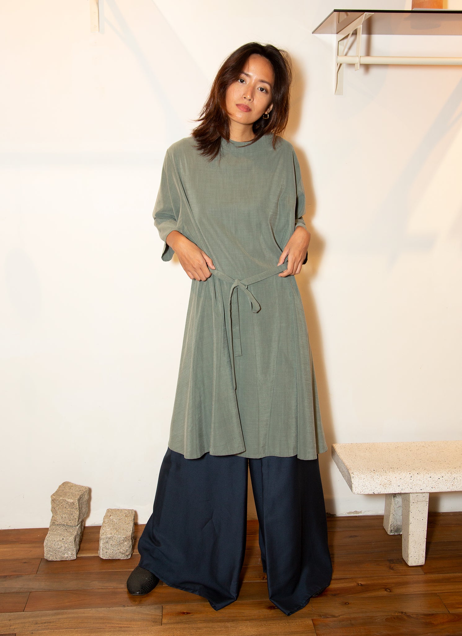 KAAREM - Branch Boxy A-Line Dress in Sage Green