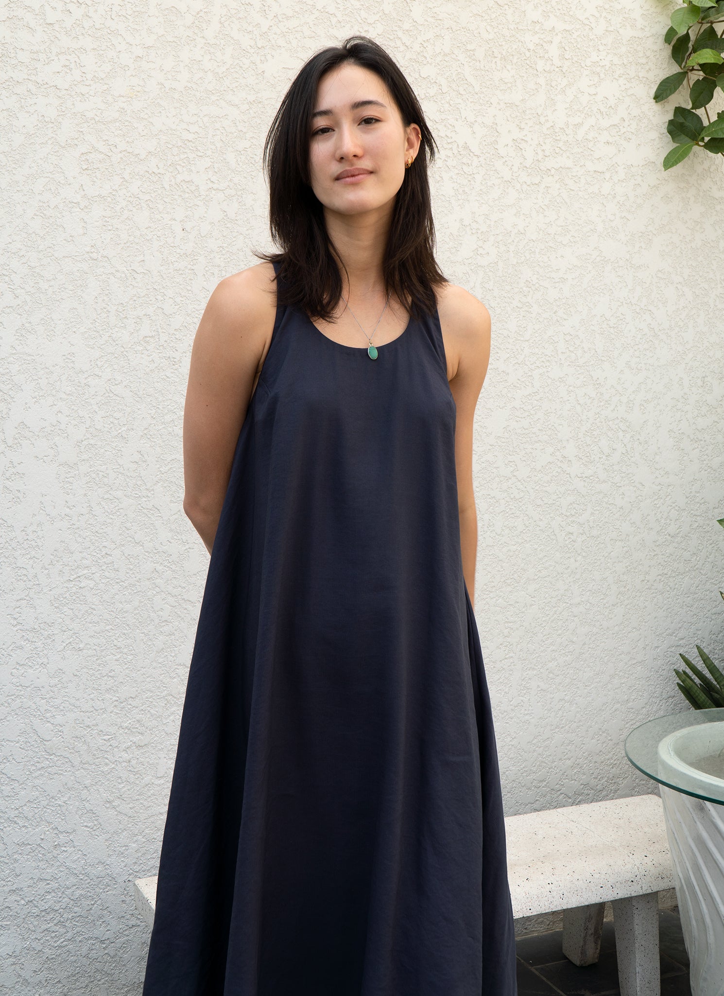 KAAREM - Thanh Ca Sleeveless Midi Racerback Tent Dress in Dark Blue
