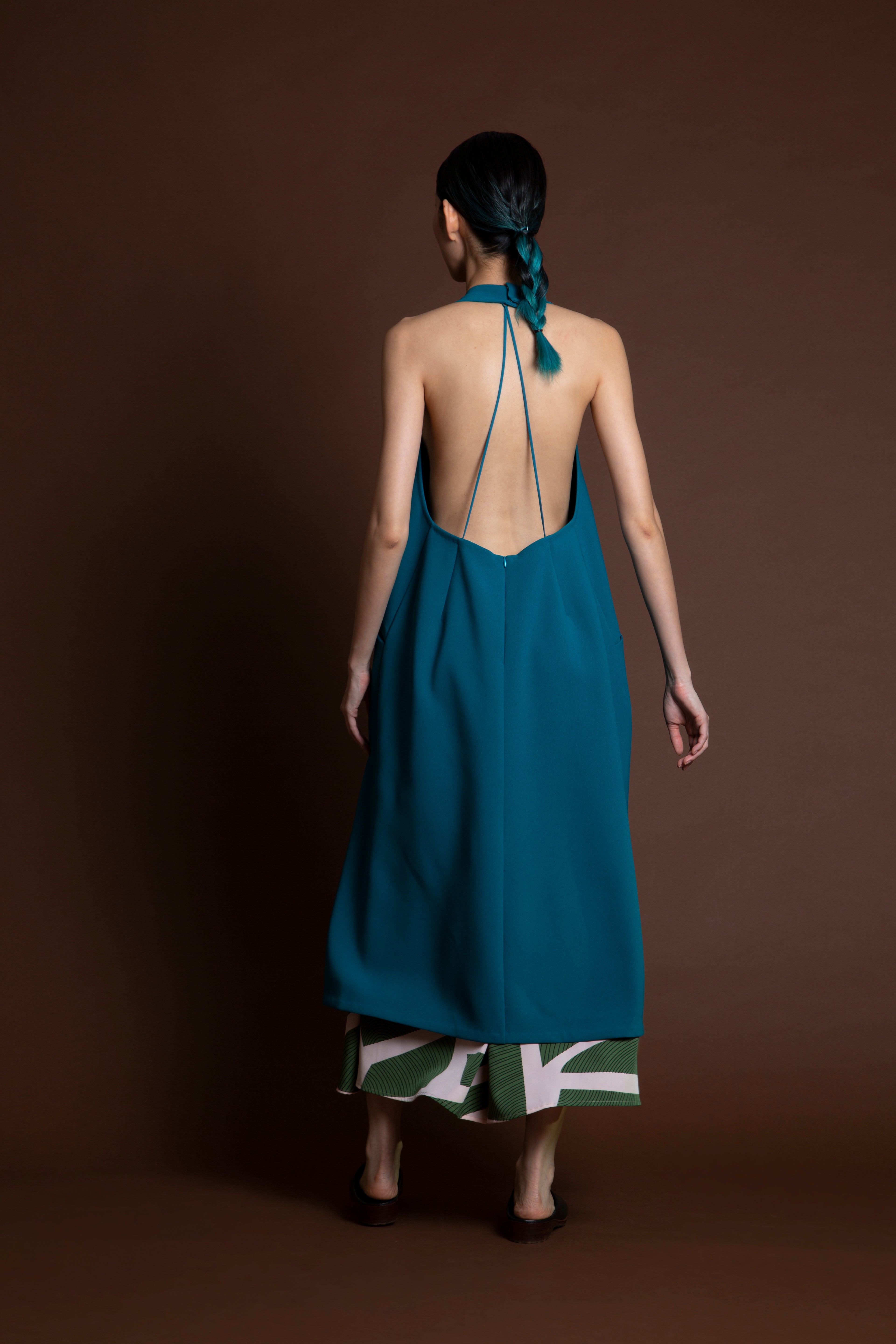 Weed Halter Pocket Dress w/ Removable Straps in Cyan Blue