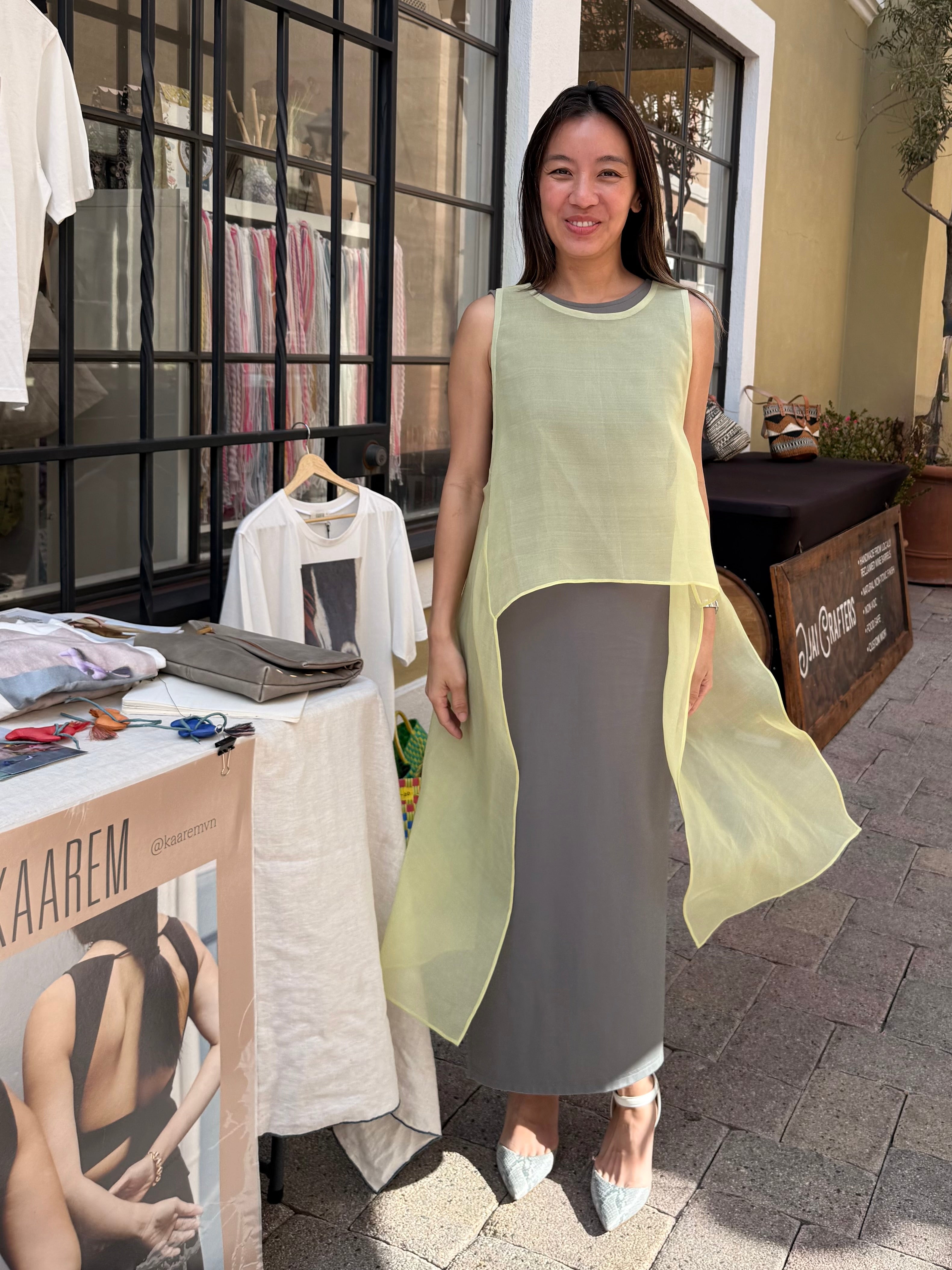 KAAREM - Urchin Sleeveless Silk Organza Side Tie Top - Green Rice Silk