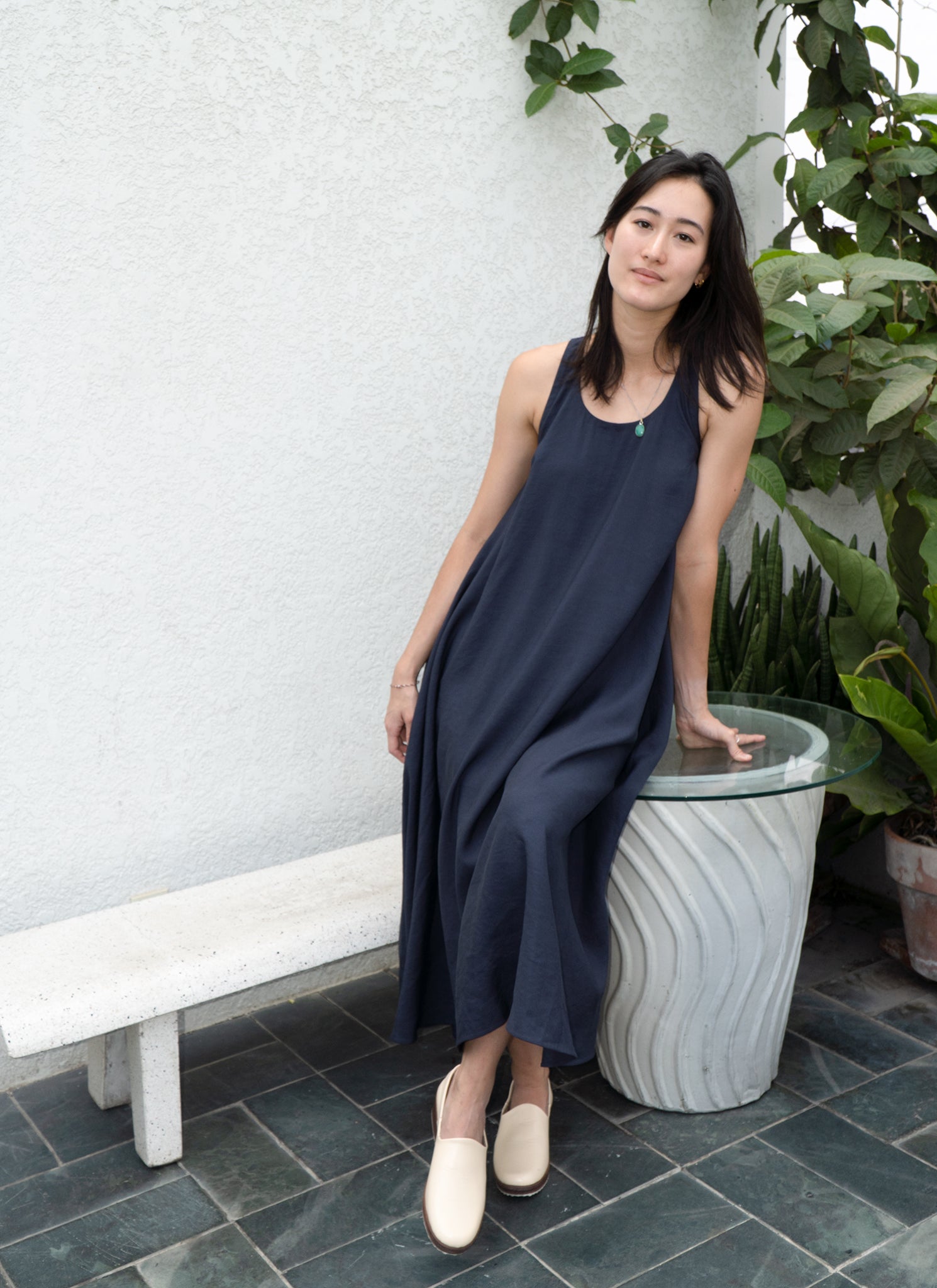 Thanh Ca Sleeveless Midi Racerback Tent Dress in Dark Blue