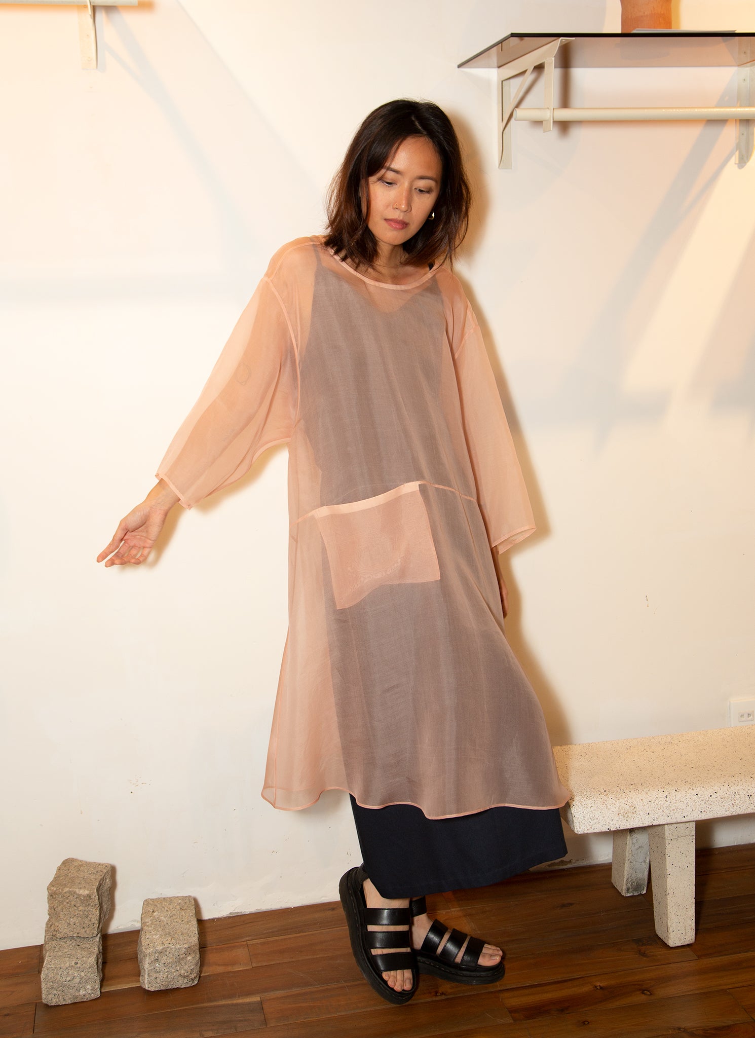 KAAREM - Giang Bi Dropped Sleeve Back V Organza Silk Pocket Dress