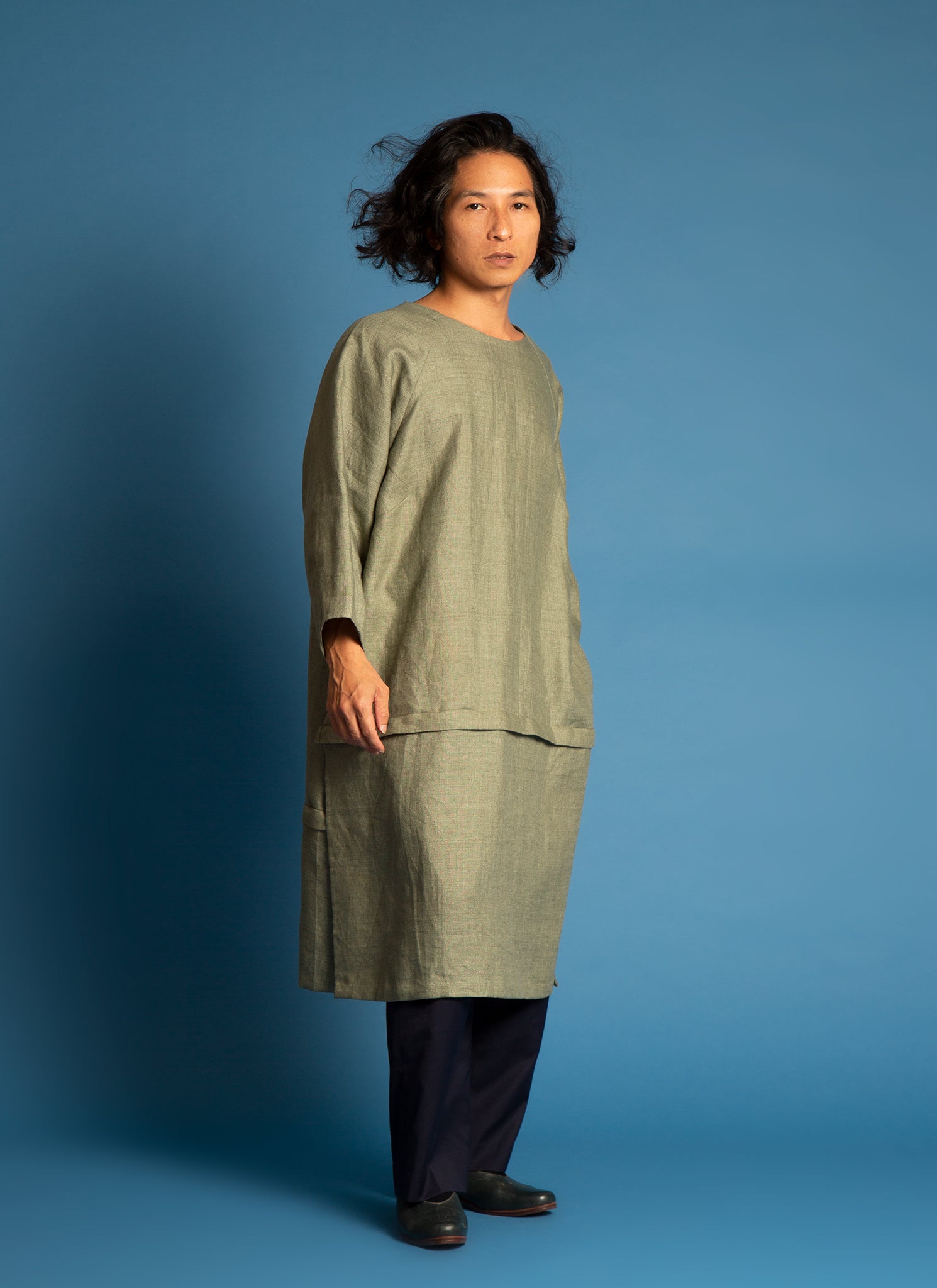 green linen tunic dress Hand-embroidered linen tunic dress ELA-W56 Ao dai/dress only