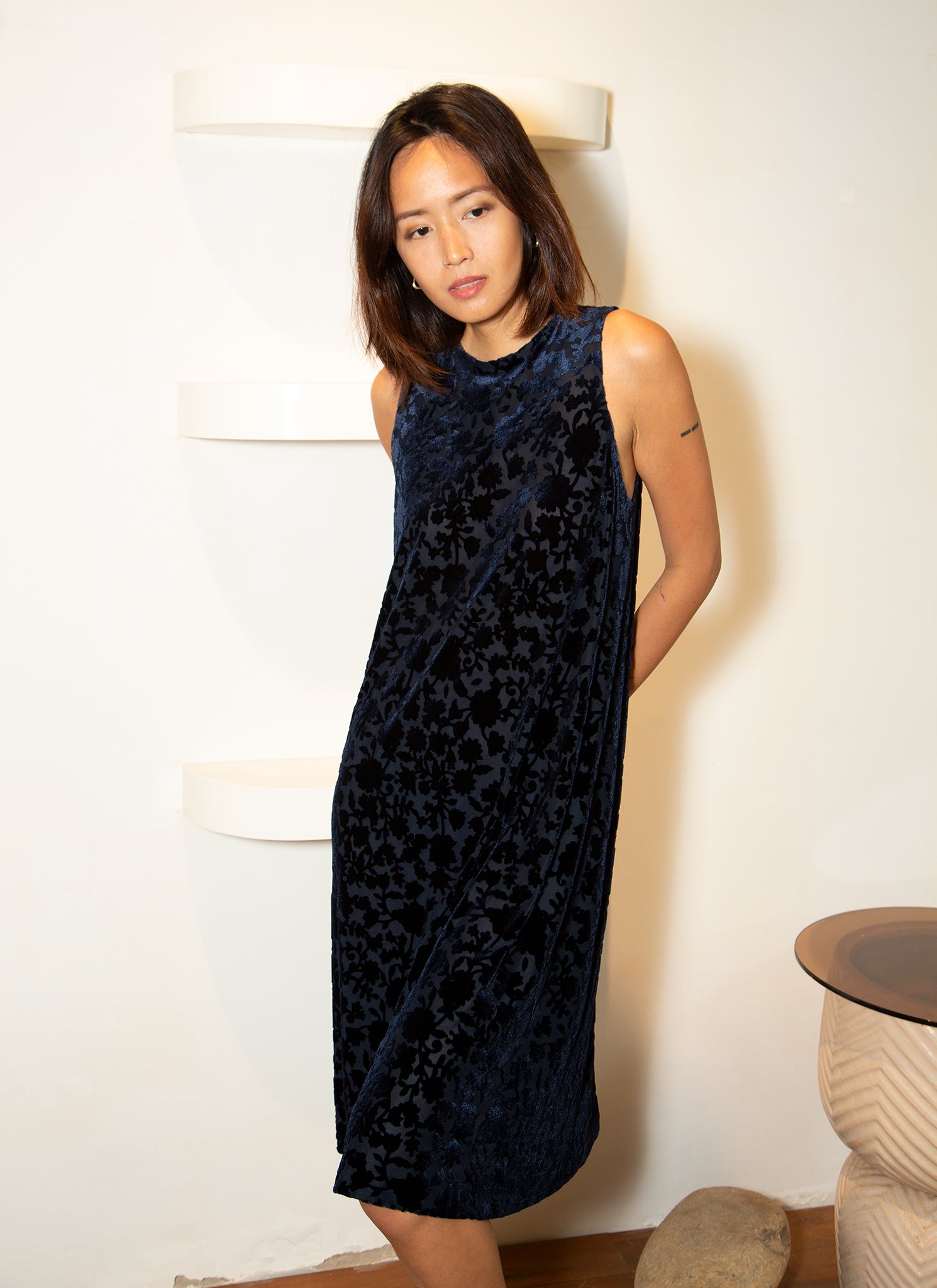 KAAREM - Crescent Moon Velvet Floral Dress