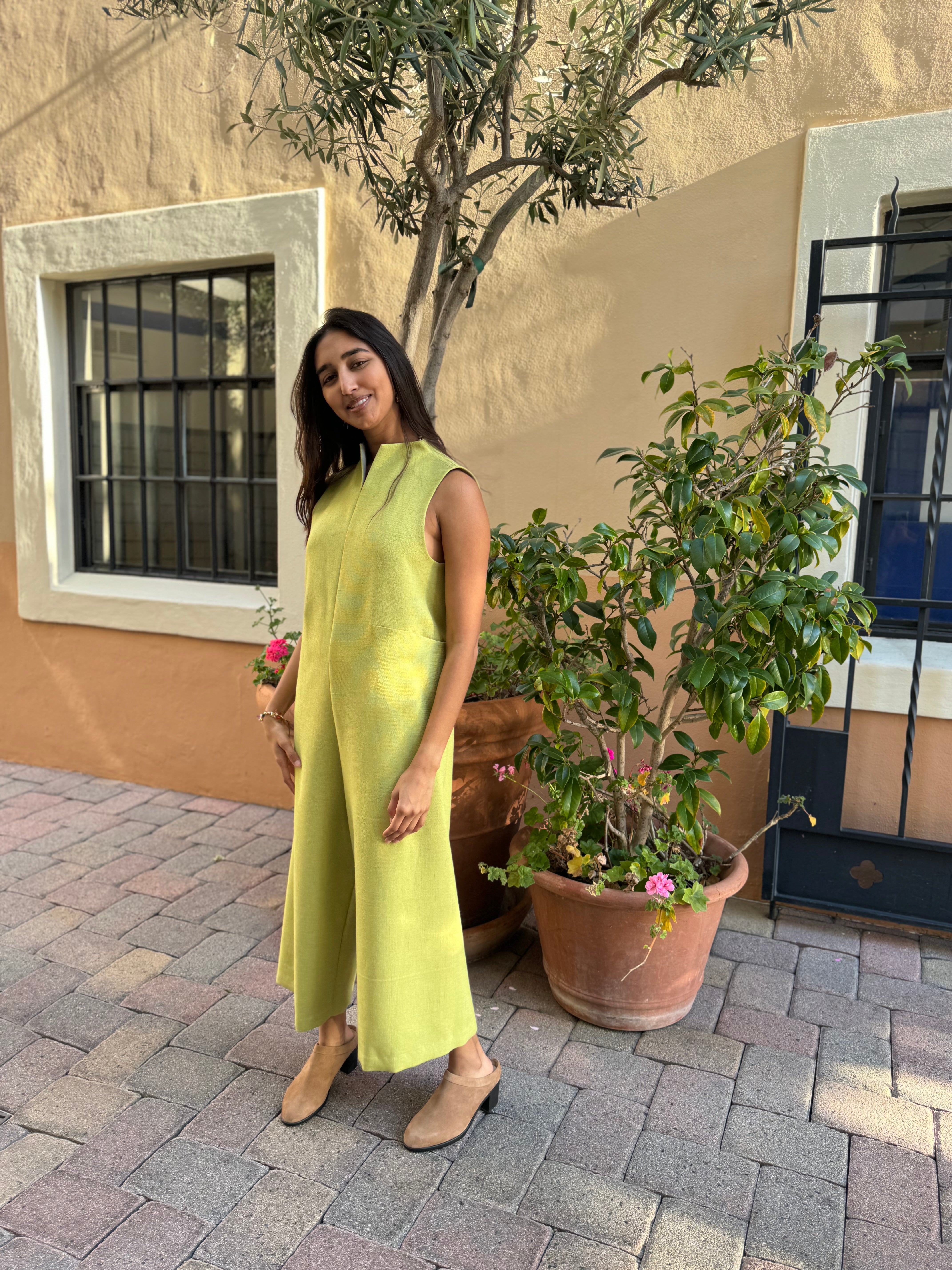 KAAREM - Lanh Sleeveless High Collar Slit Neck Onesie in Avocado