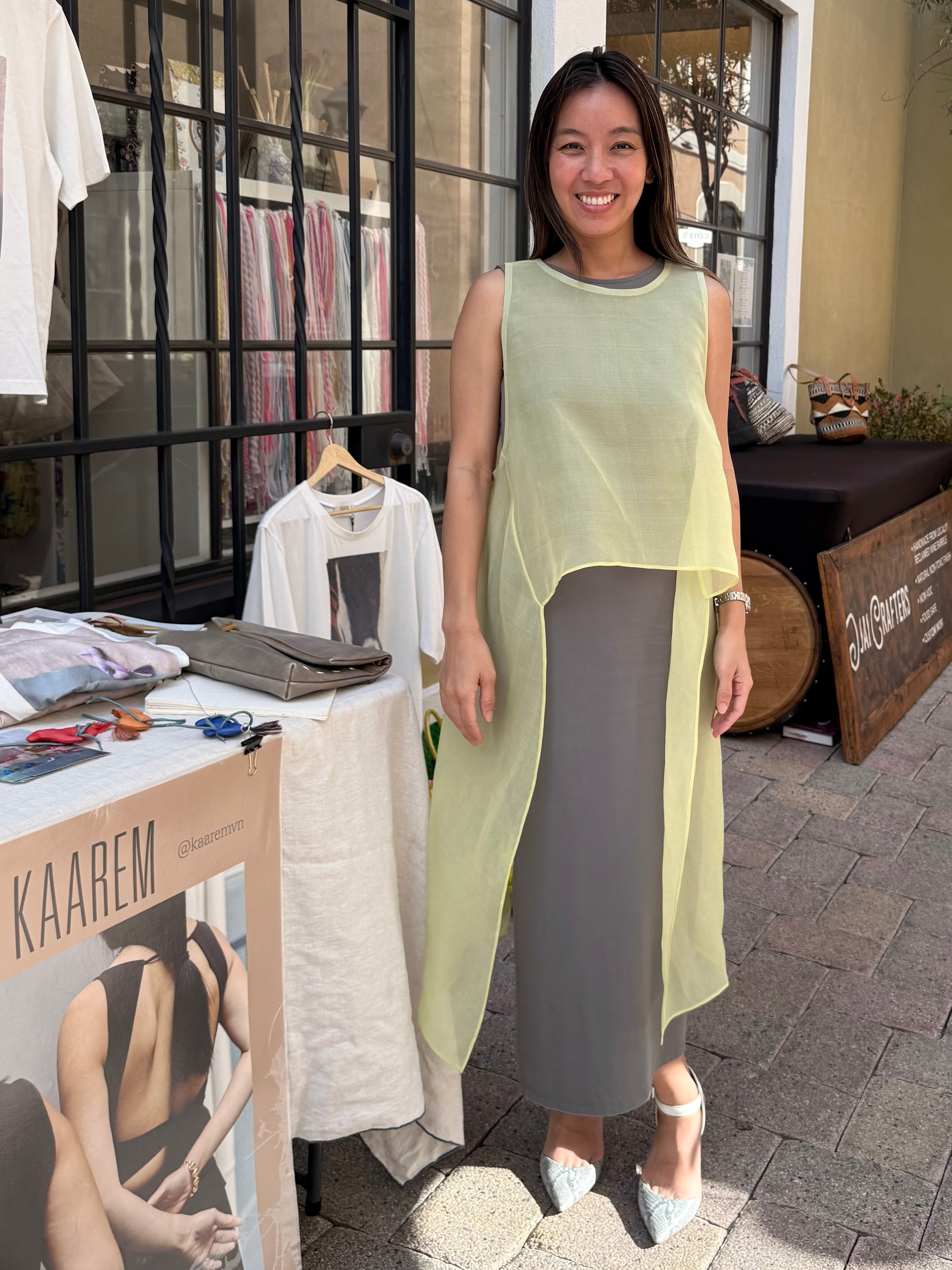 KAAREM - Urchin Sleeveless Silk Organza Side Tie Top - Green Rice Silk