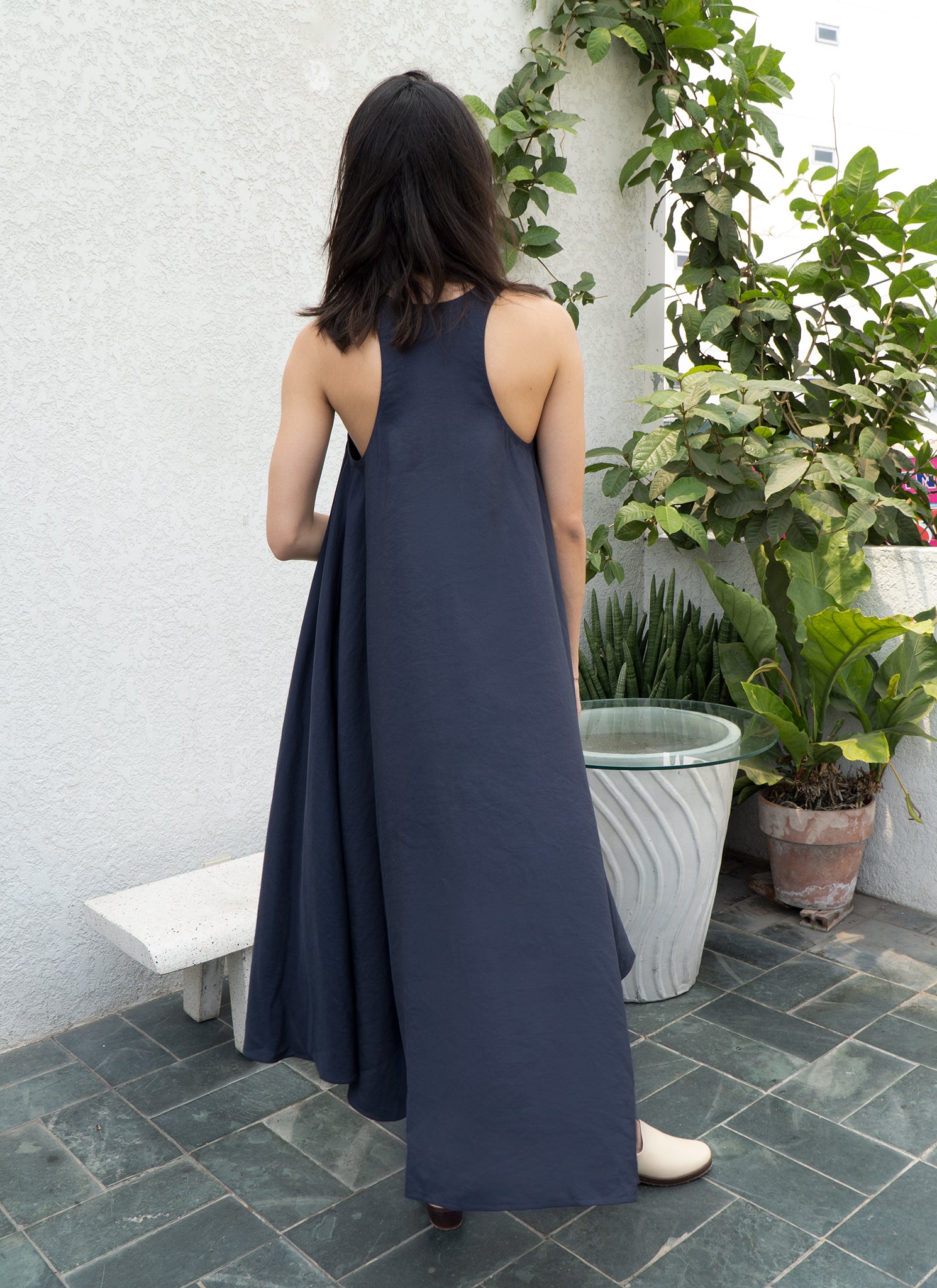 KAAREM - Thanh Ca Sleeveless Midi Racerback Tent Dress in Dark Blue