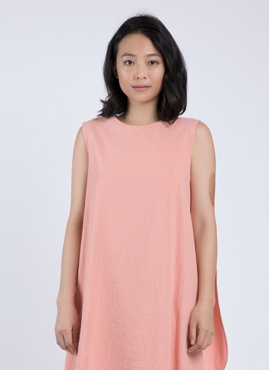 Womens Dresses Peach Sleeveless Dress Peach Cotton Flax Sleeveless A-Line  Mini Dress 40" Regular (5'