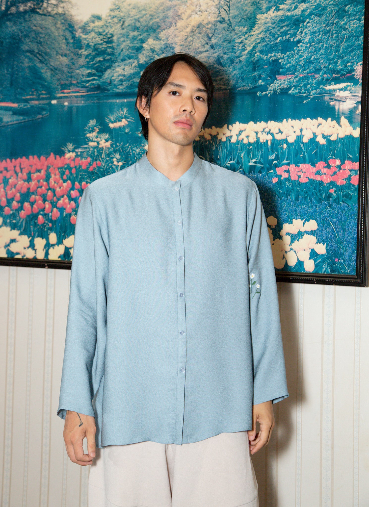 KAAREM - Sand Hand-Embroidered Vietnamese Wildflower Drop Shoulder