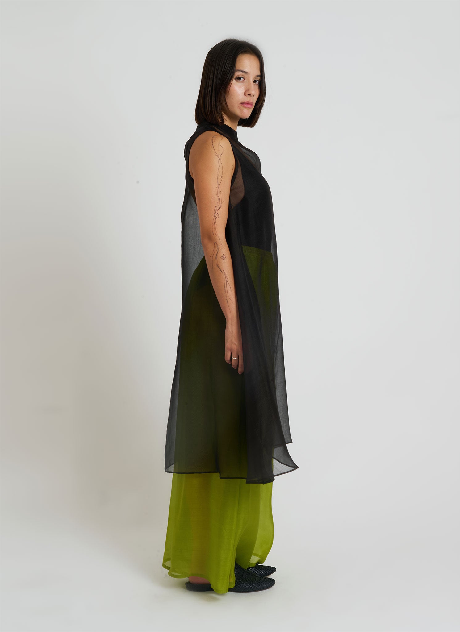 KAAREM - Glass Overlap Side Slit Organza Silk Dress - Black