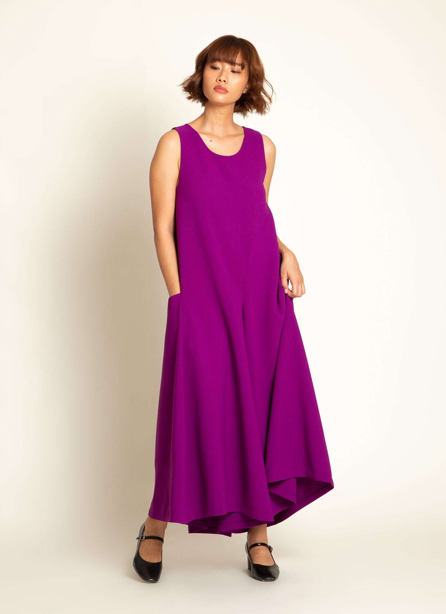KAAREM - Chéo Round Neck A-Line Pocket Jumpsuit in Magenta Purple