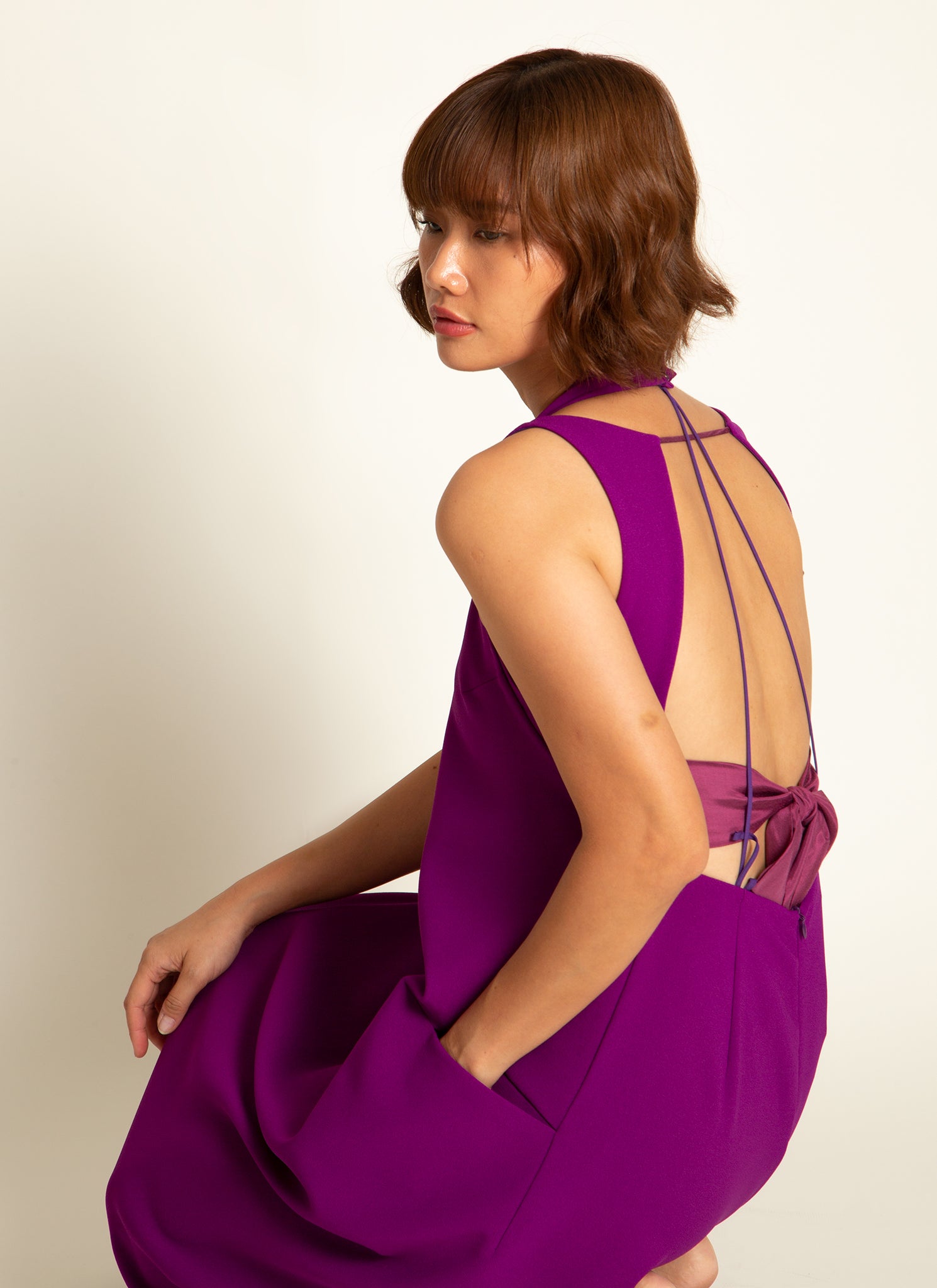 KAAREM - Weed Halter Pocket Dress w/ Removable Straps in Magenta Purple