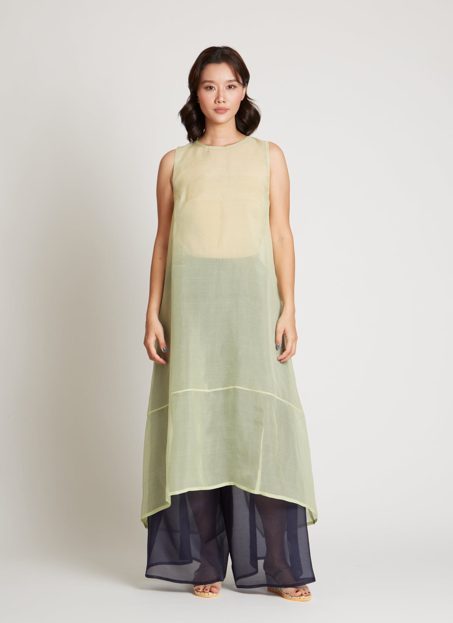 KAAREM - Green Rice Sleeveless Long Silk Organza Dress - Sea Plum