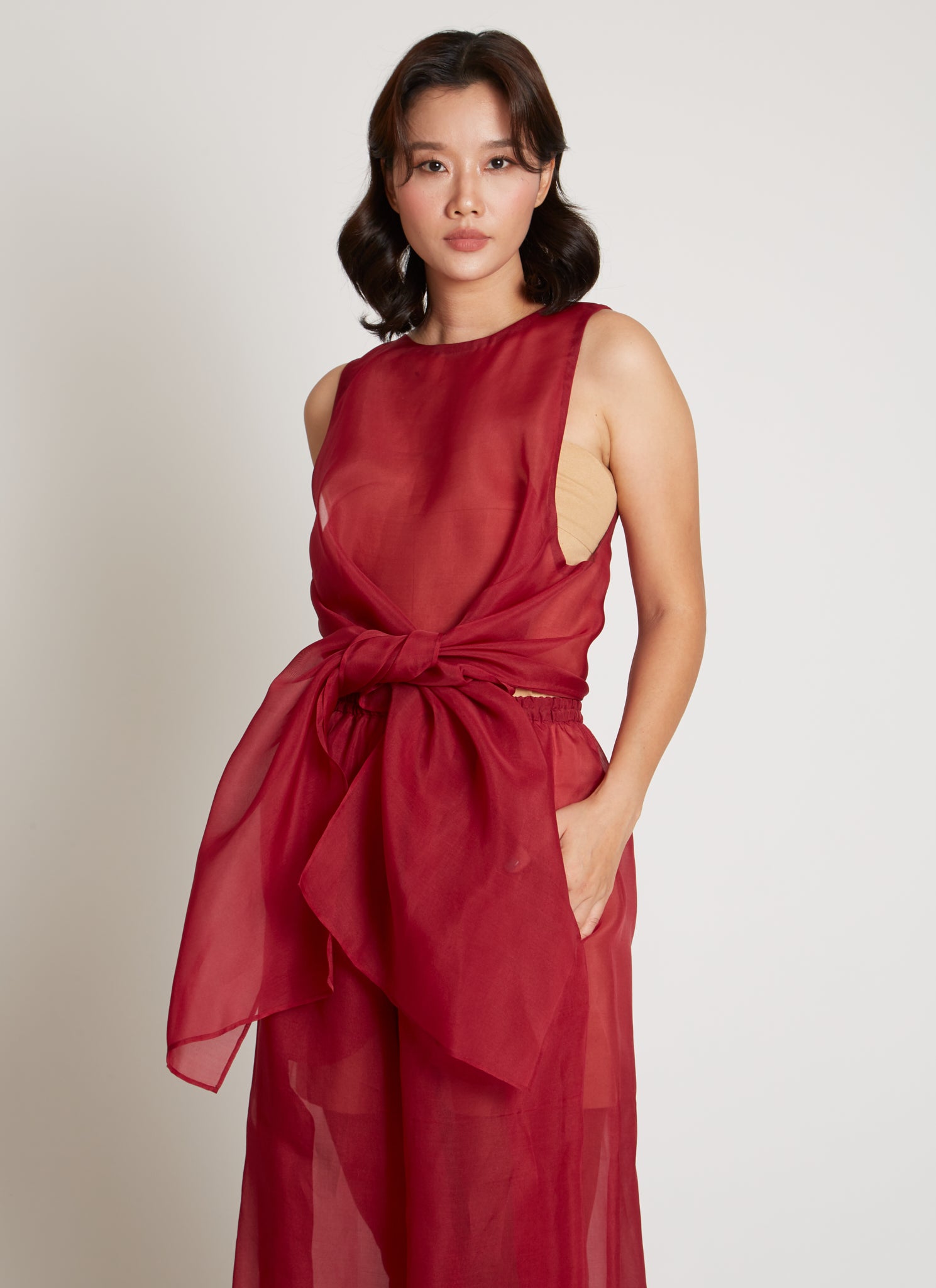KAAREM - Urchin Sleeveless Silk Organza Side Tie Top - Sea Plum 