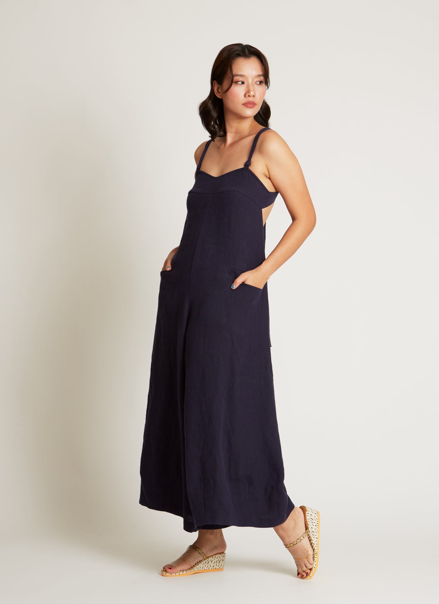 KAAREM - Anemone Cropped Curved Neck Jumpsuit - Dark Blue