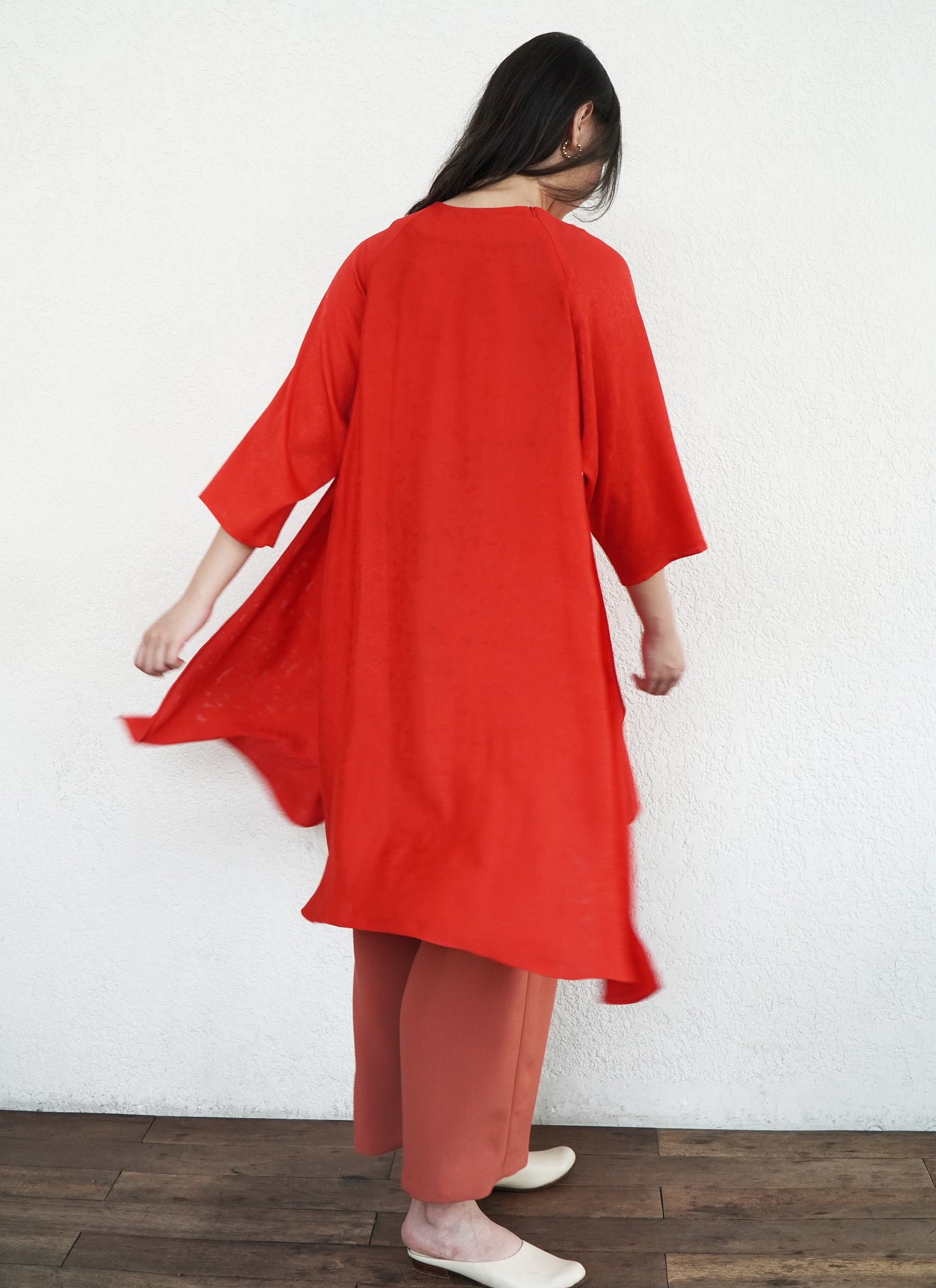 KAAREM - Shale Raglan Sleeve Side Slit Áo dài Tunic/Dress - Red