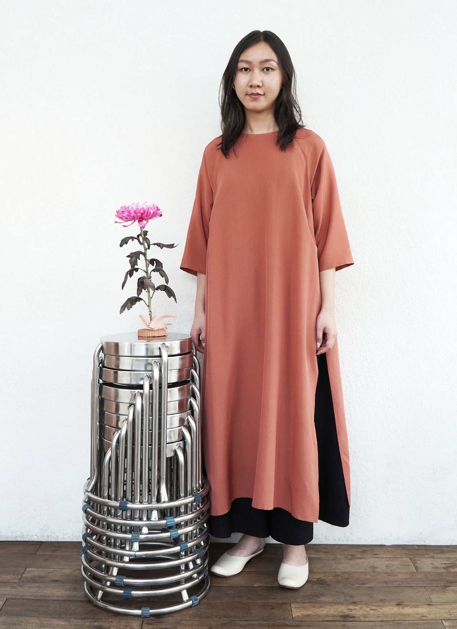 Ostra Long Raglan Side Slit Silk o di Tunic/Dress in Terracotta Pink Silk / Size XS Ostra Long Raglan Side Slit Silk o di Tunic/Dress in Terracotta Pink Silk / Size XS