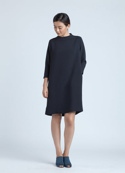 KAAREM - Pure 3/4 Sleeve Mockneck Dress - Black Blue