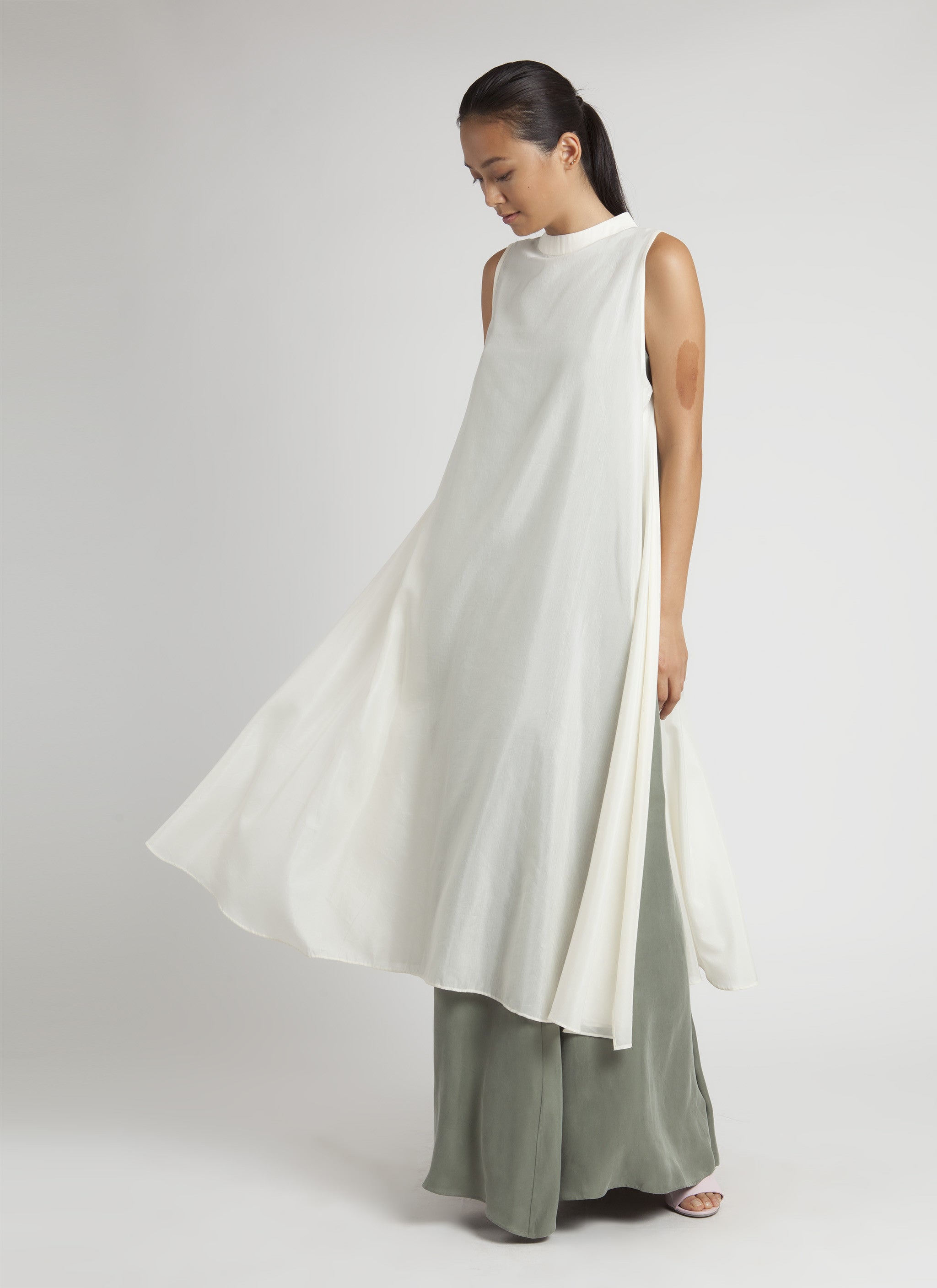 Glass Overlap Side Slit Sheer Dress - White