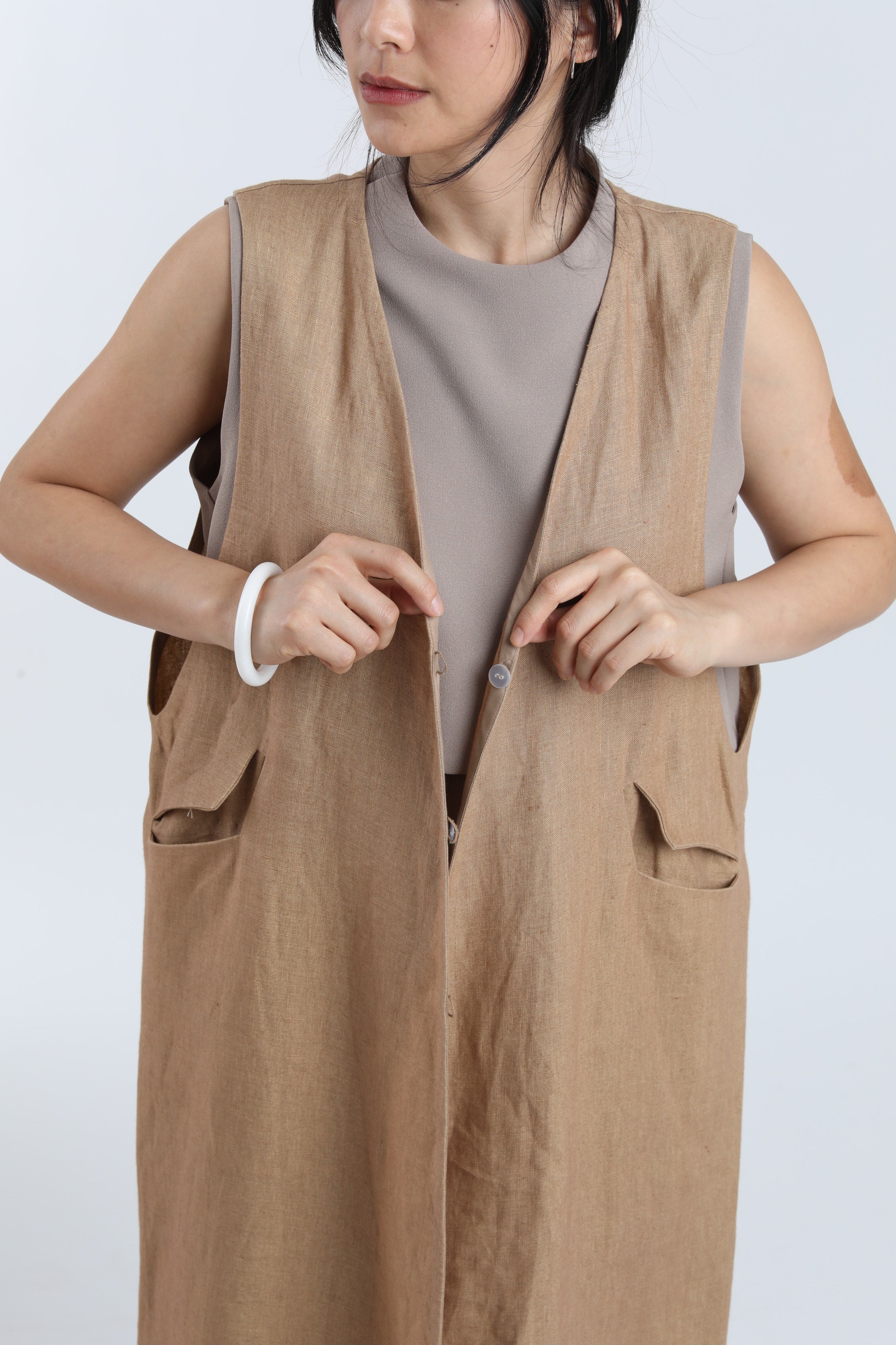 Sarga V-Neck Long Vest Jacket - Brown Sand