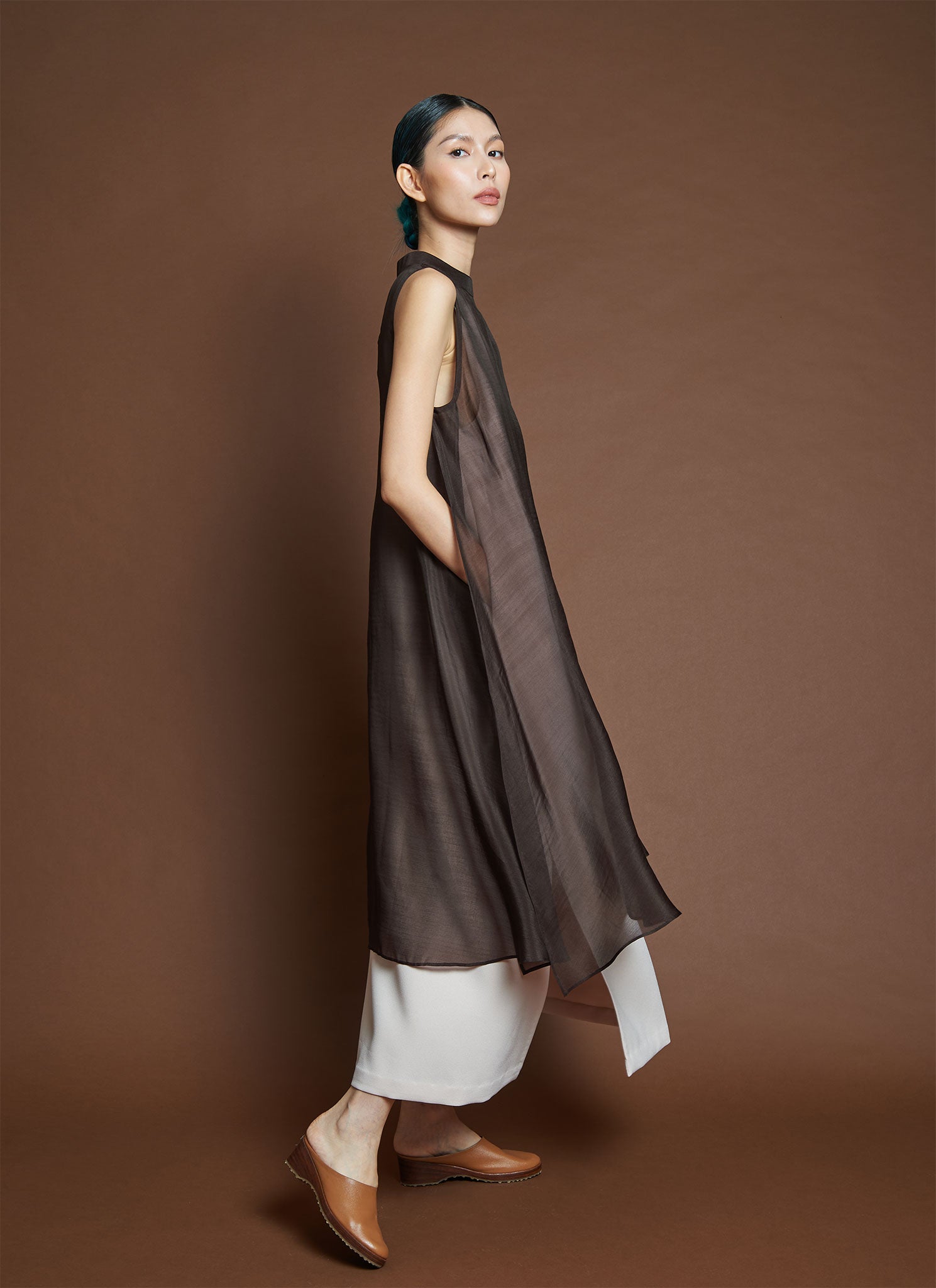 KAAREM - Glass Overlap Side Slit Organza Silk Dress - Brown Silk KAAREM - Glass Overlap Side Slit Organza Silk Dress - Brown Silk