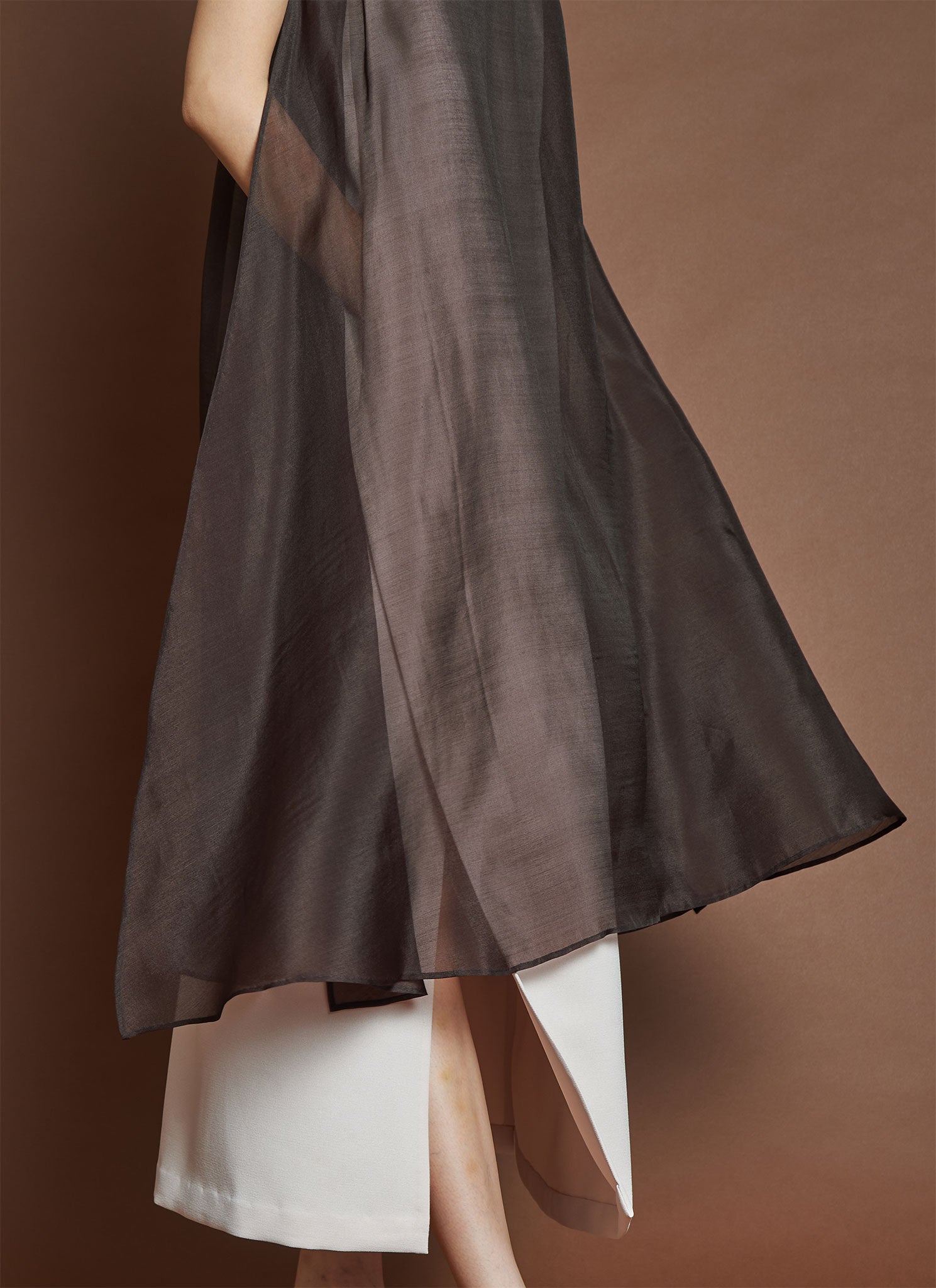 Glass Overlap Side Slit Organza Silk Dress - Brown Silk