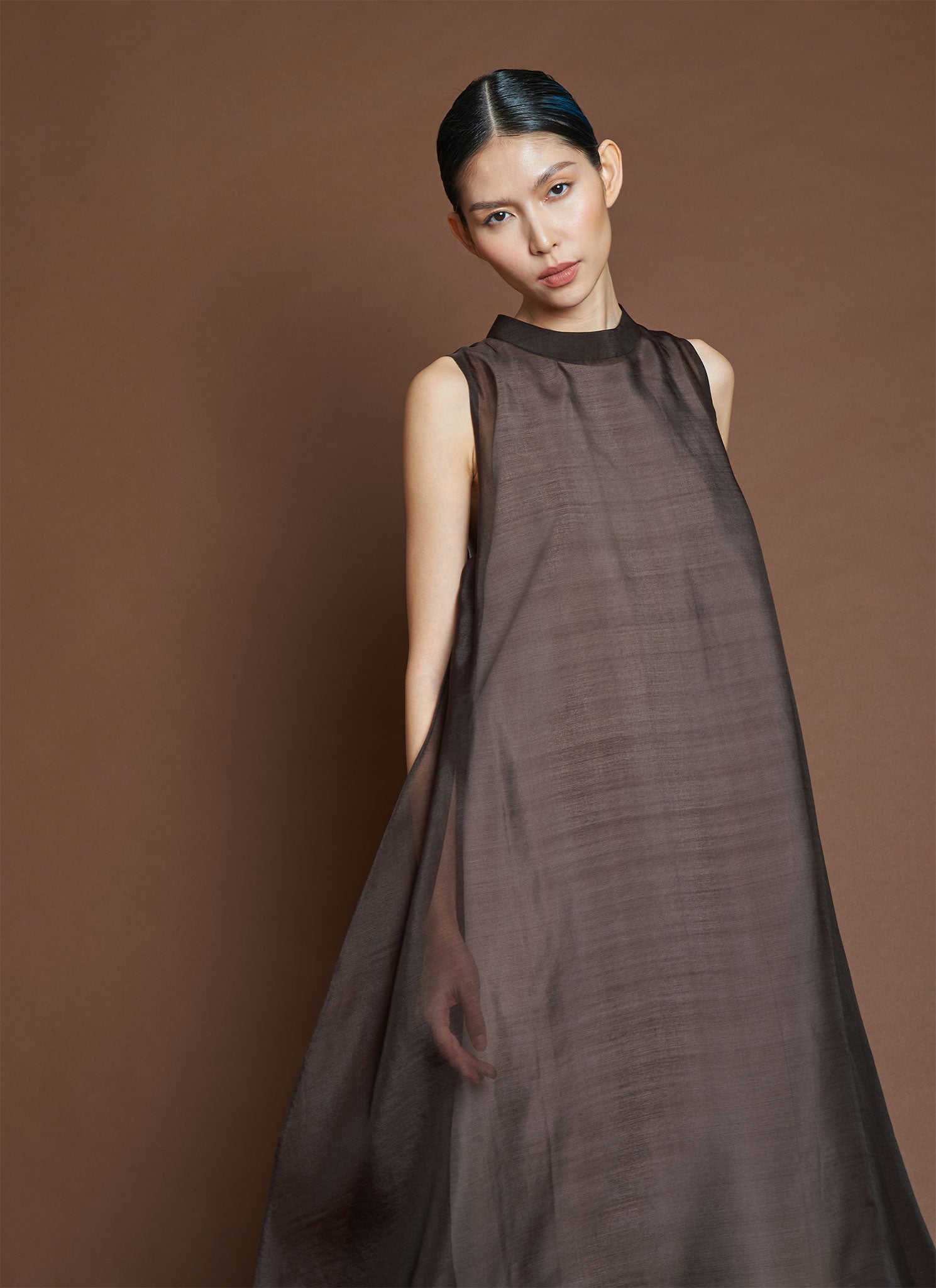 Glass Overlap Side Slit Organza Silk Dress - Brown Silk Glass Overlap Side Slit Organza Silk Dress - Brown Silk
