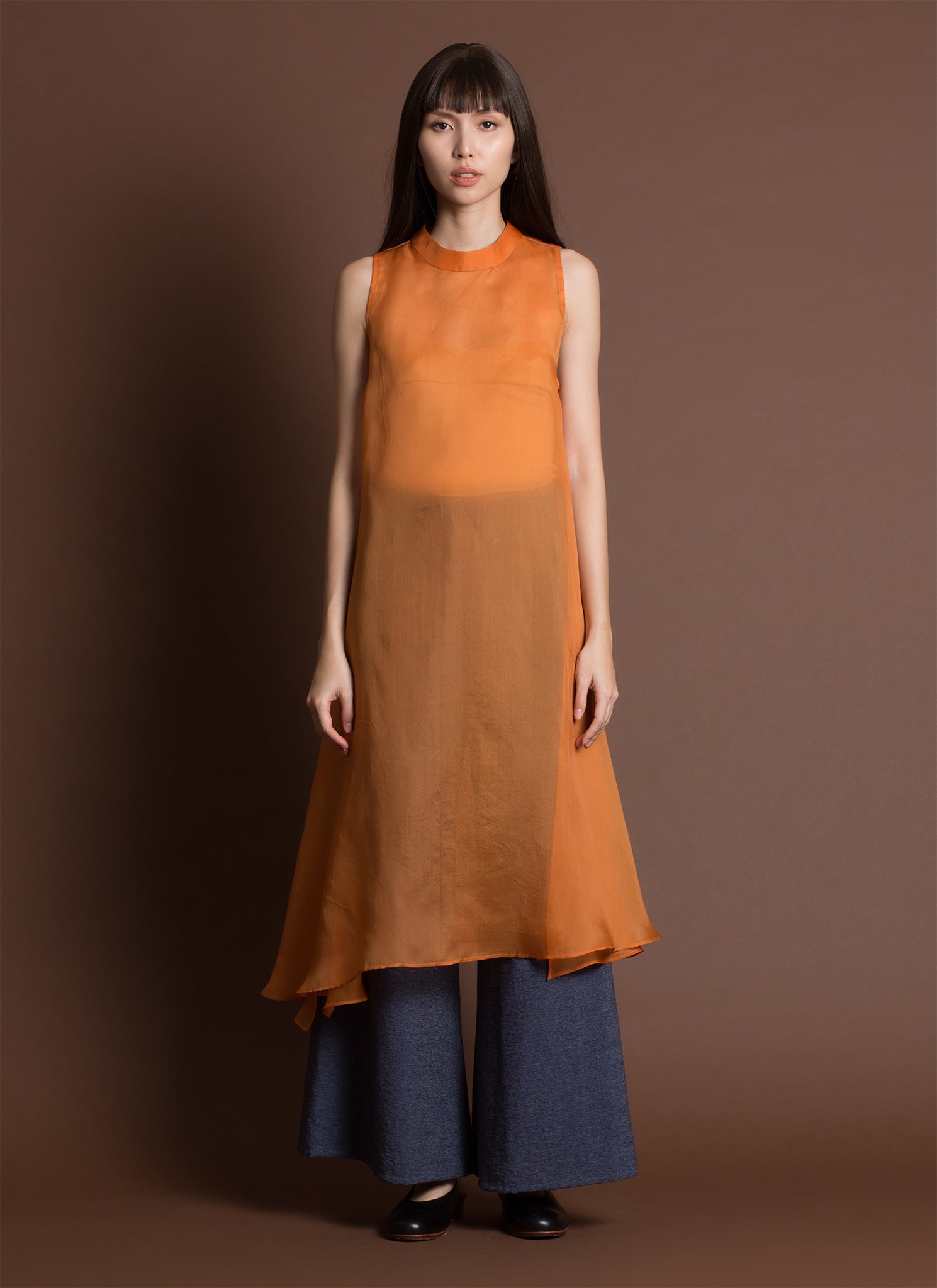 KAAREM - Glass Overlap Side Slit Organza Silk Dress - Orange