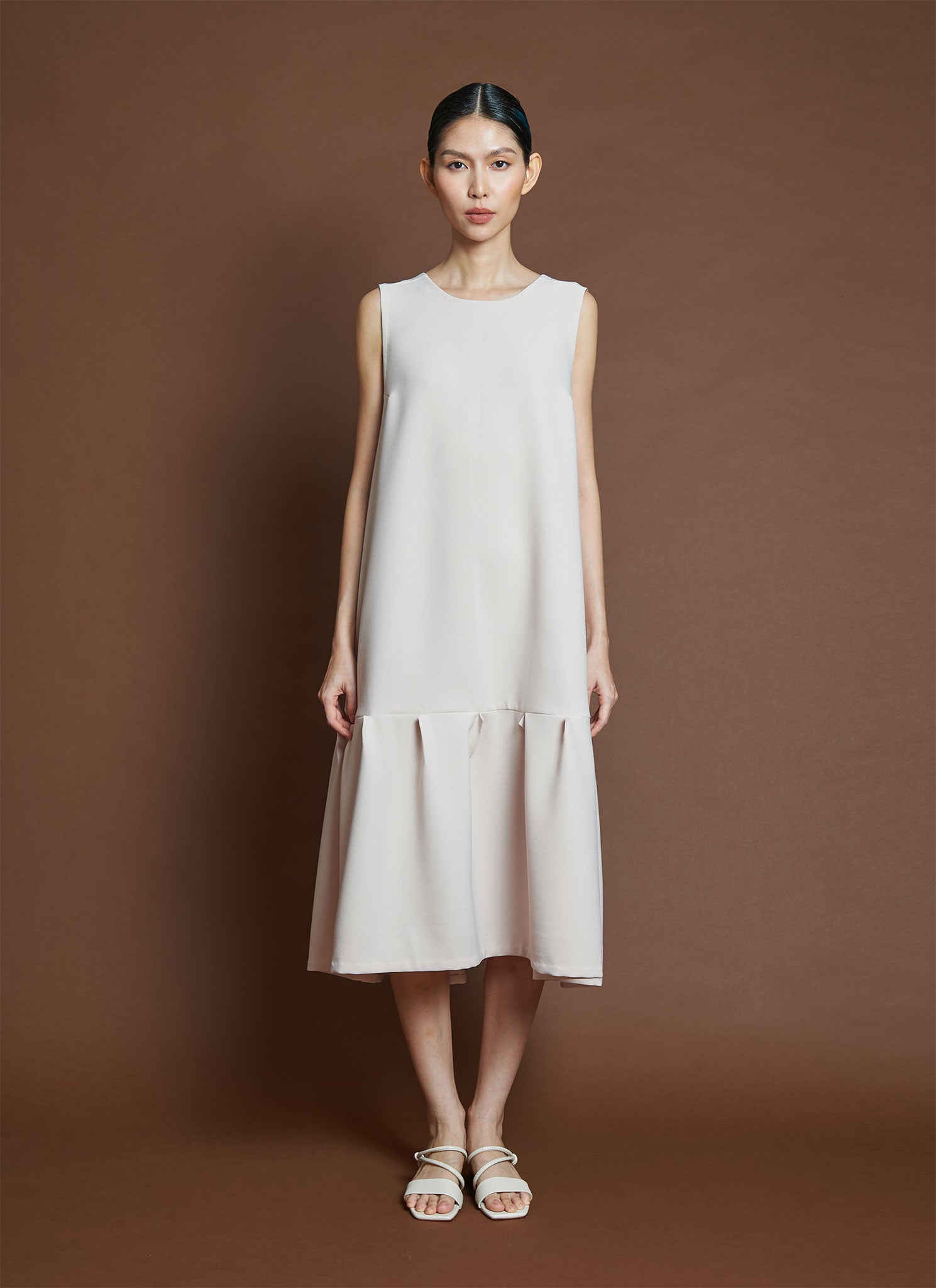 Mangosteen Dropped Waist Pleated Panel Dress Light Cream