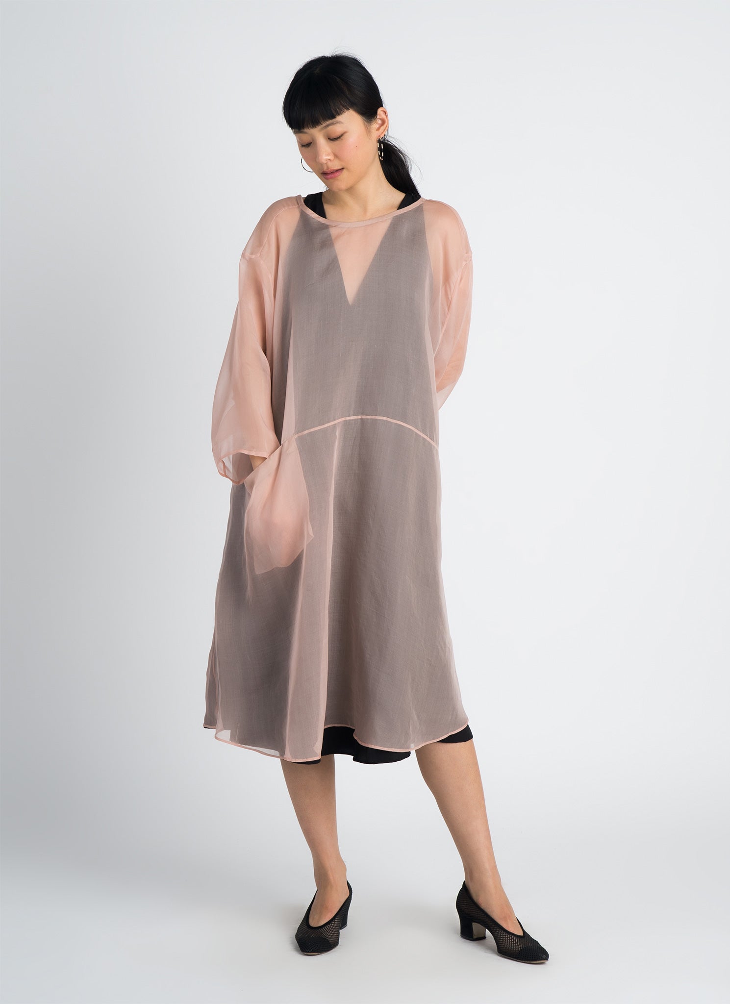 Giang Bi Dropped Sleeve Back V Organza Silk Pocket Dress - Pink