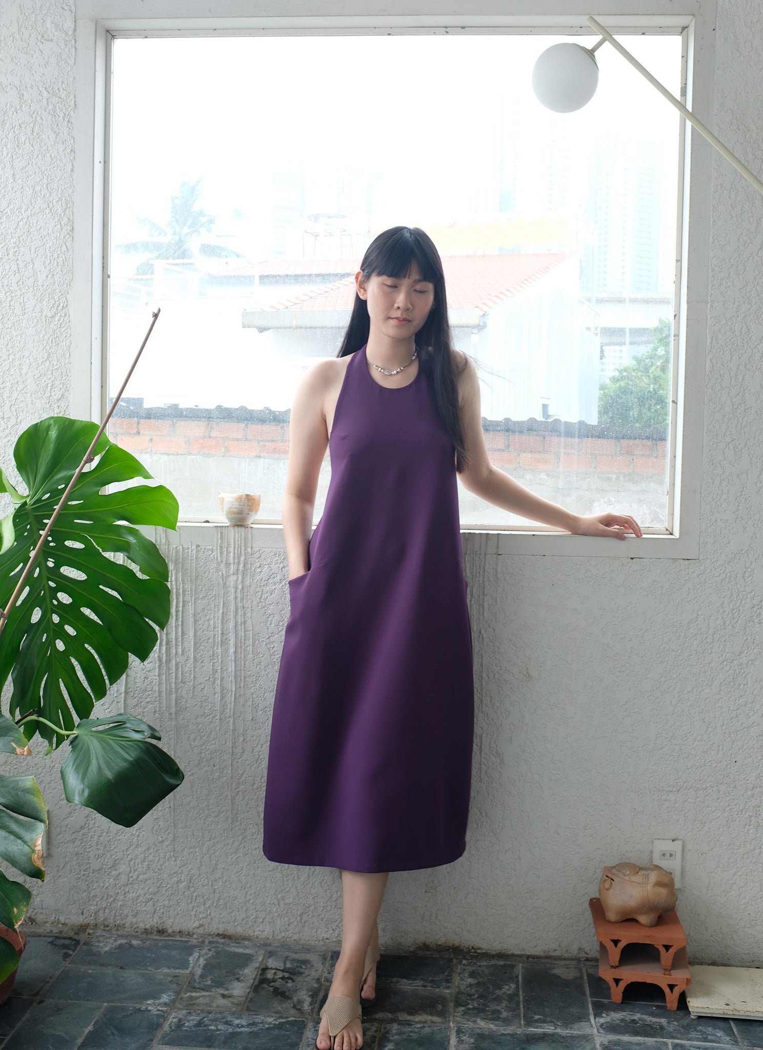halter pocket dress Halter Ruched Backless Flared Pocket Long Dress, Blue / XS