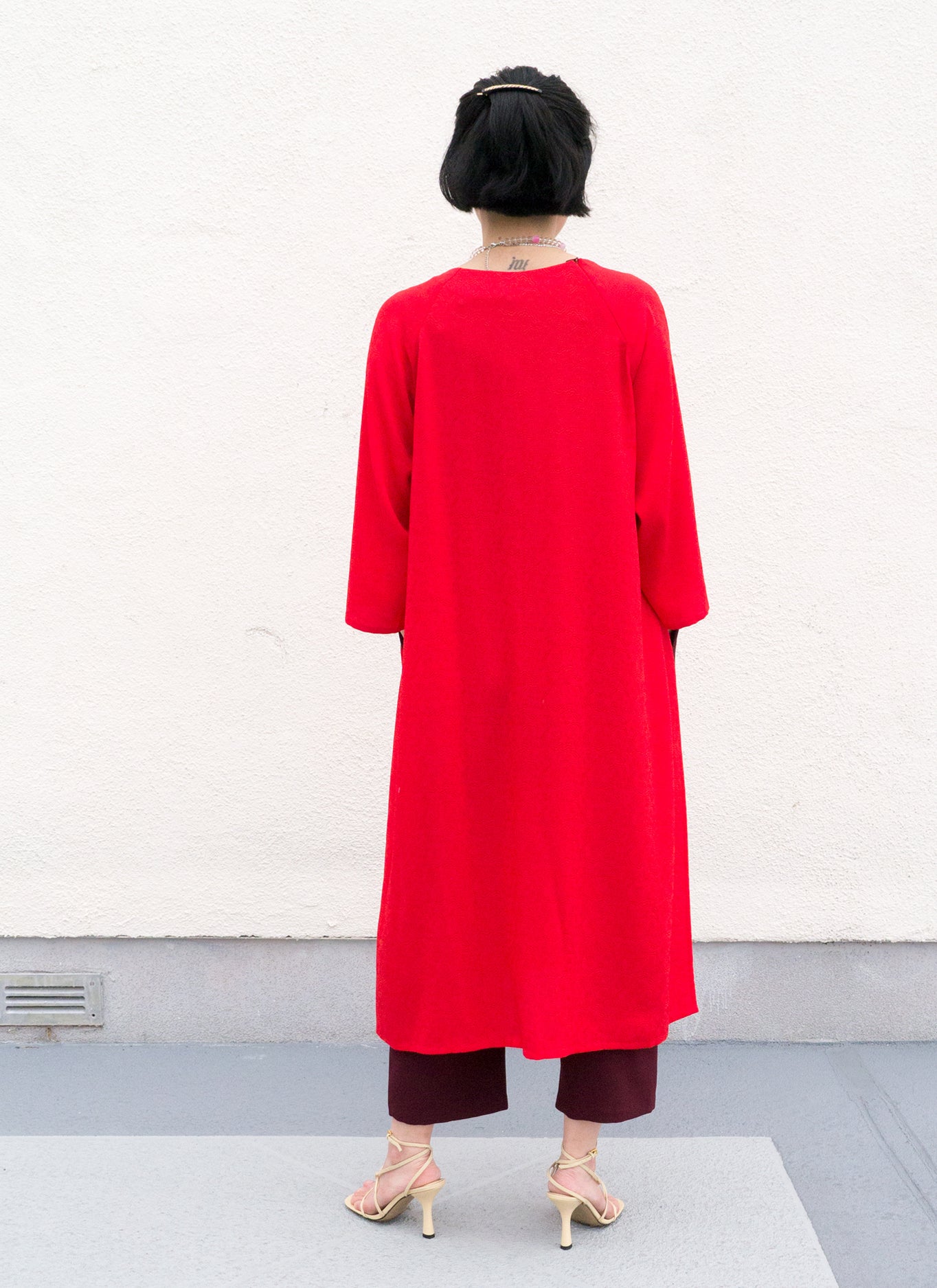 KAAREM - Ostra Raglan Sleeve Side Slit Áo dài Tunic/Dress - Red 
