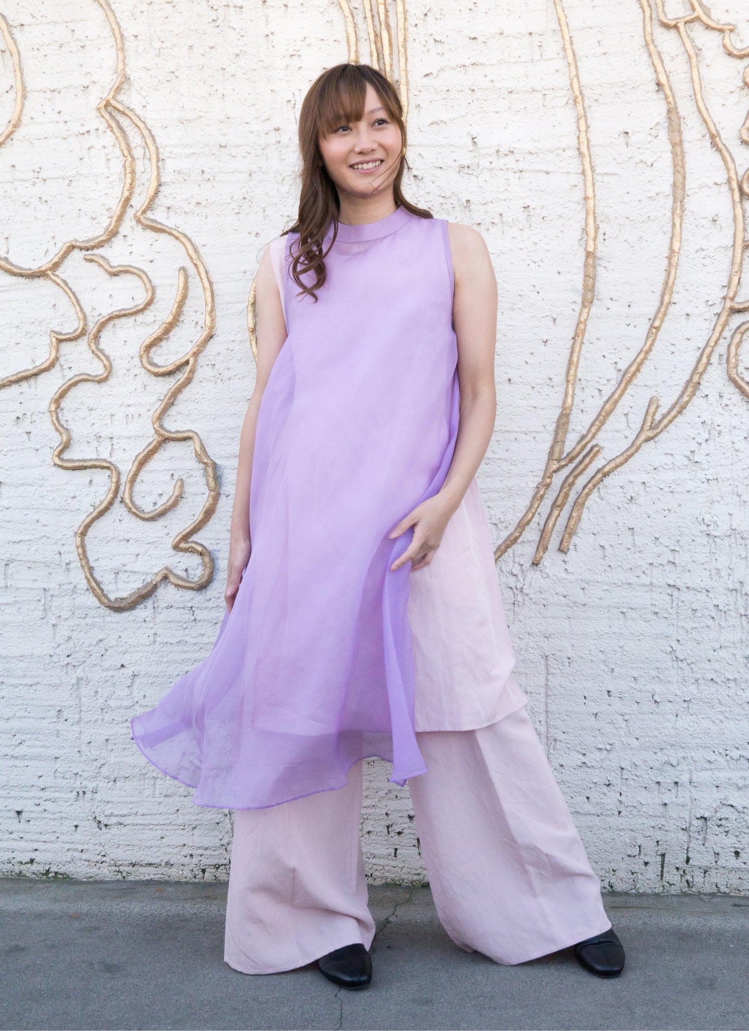 KAAREM - Glass Overlap Side Slit Organza Silk Dress - Purple