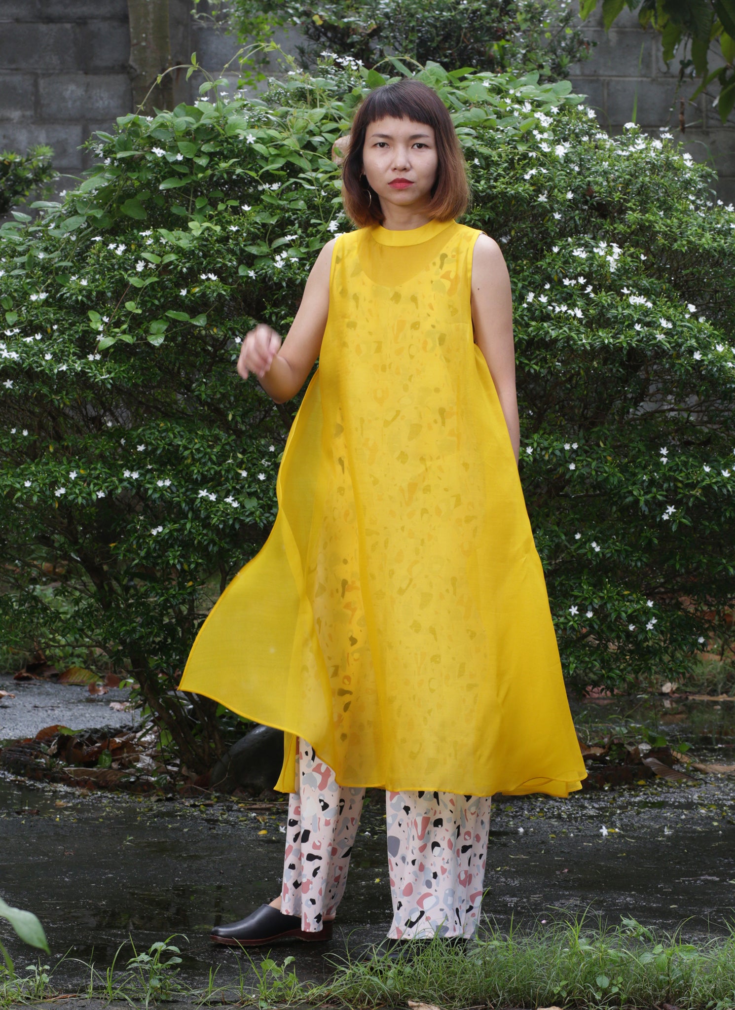 Glass Overlap Side Slit Organza Silk Dress