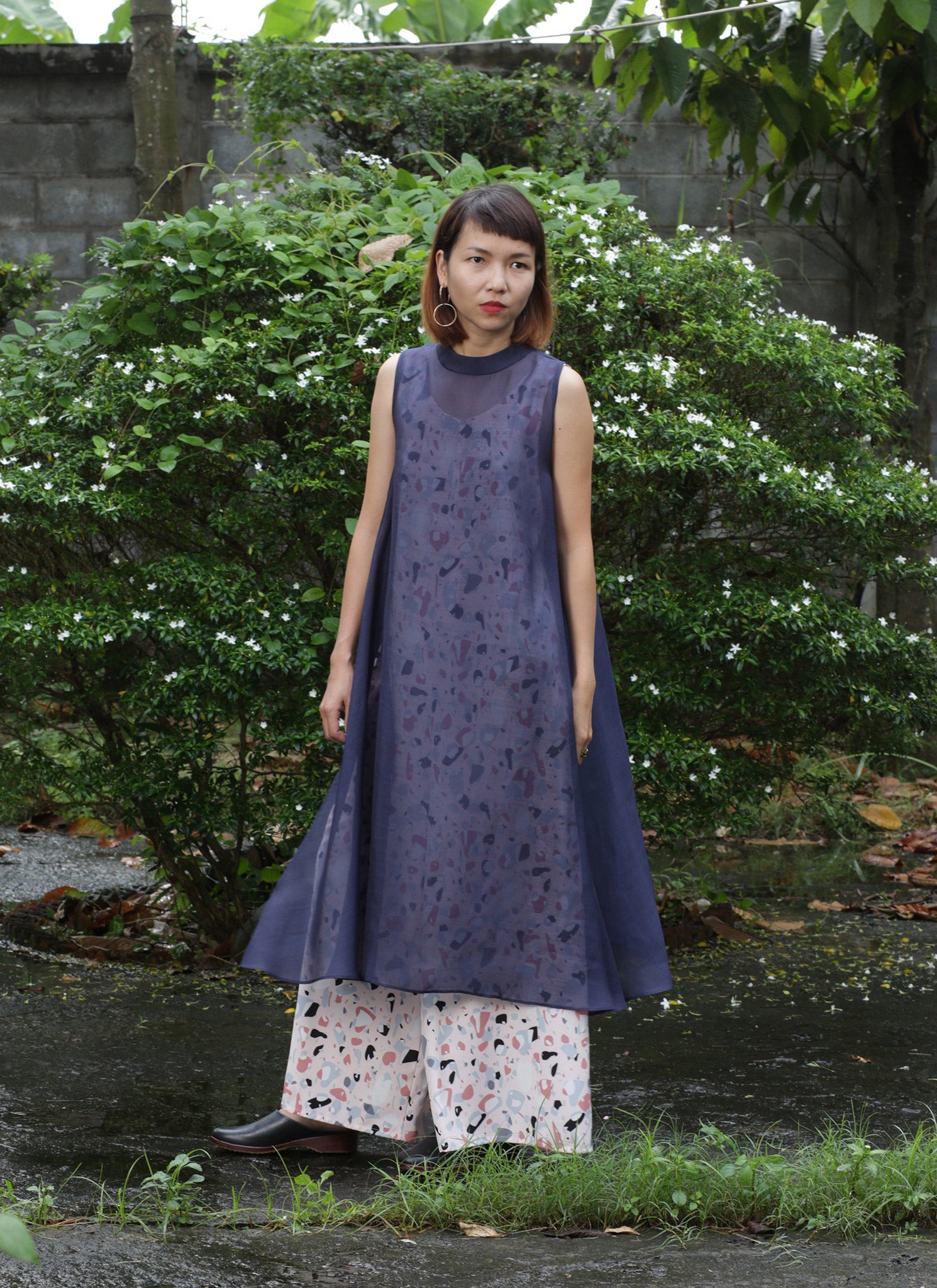 KAAREM - Glass Overlap Side Slit Organza Silk Dress - Navy