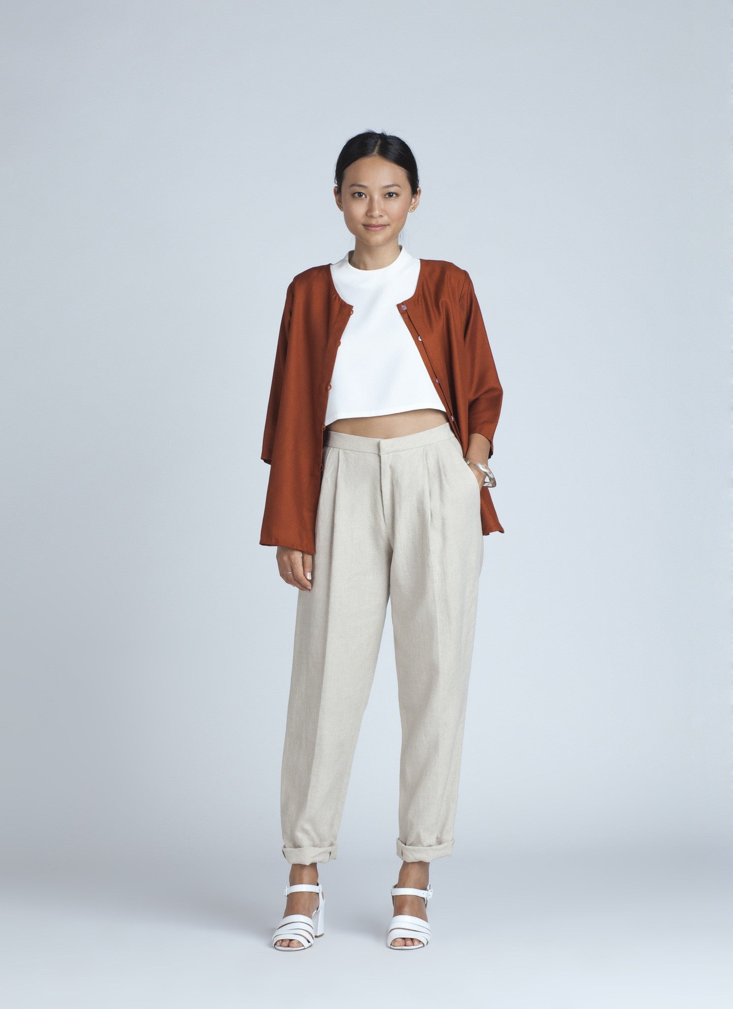 KAAREM - Wind Chime Raised Collar Cropped Top - White