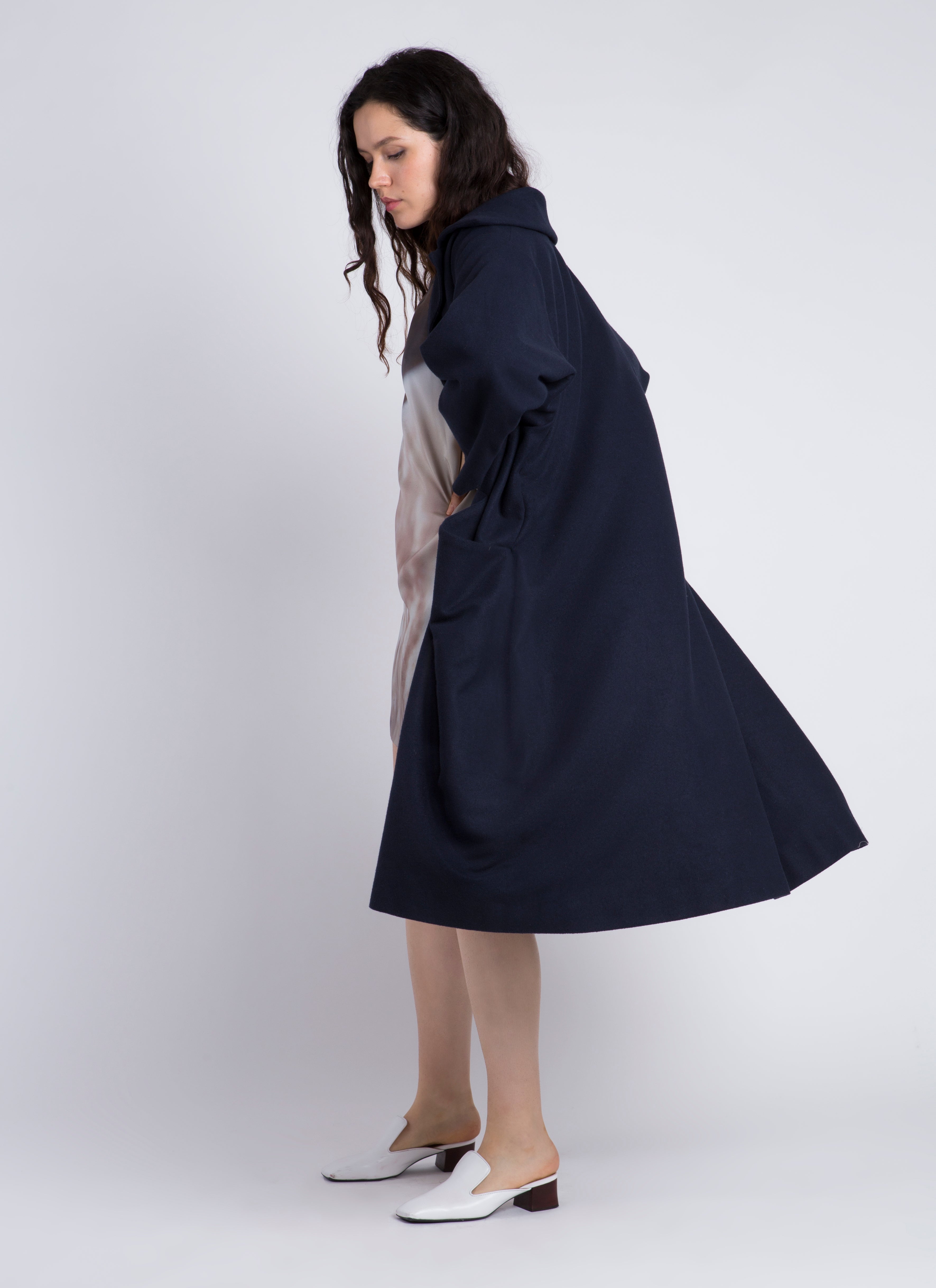 KAAREM - Trio One-Button Side Pleated Overcoat - Dark Blue
